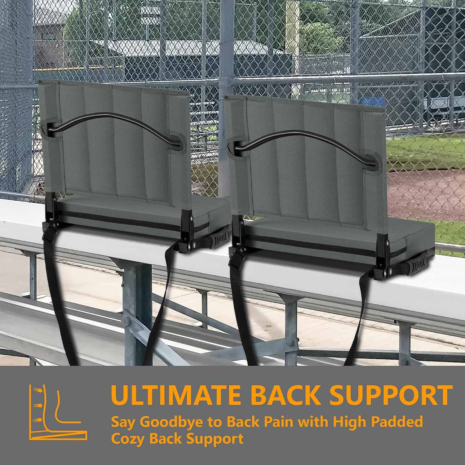 Stadium Seat for Bleachers with Back Support, Portable Bleacher Seat with Wide Comfy Padded Cushion, Metal Hook, Folding Stadium Chair with Shoulder Strap, Carry Handle, Cup Holder, Gray thumbnail