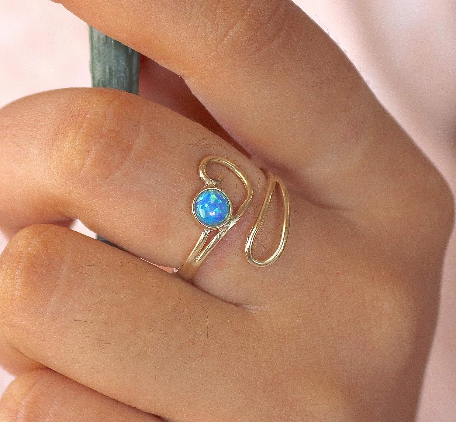 Blue Opal Open and Adjustable gold plating 14k ring, Handmade stone Everyday Birthstone ring - Image 4