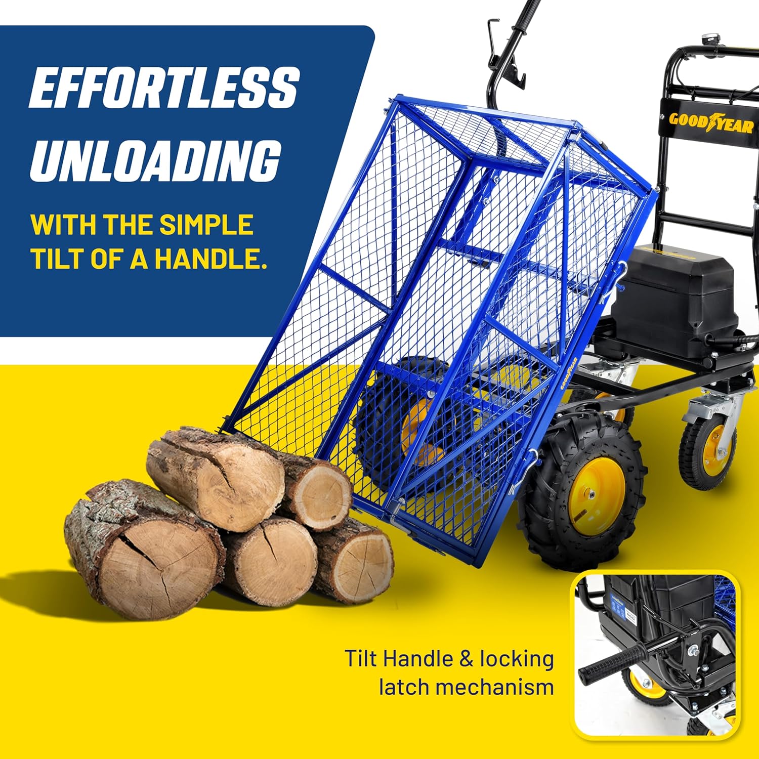 Goodyear Utility Service Cart Power Wagon Wheelbarrow Electric 48V DC Li-Ion Powered 660Lbs Load and 1000Lbs+ Hauling Capacity Farm and Garden All Purpose Modular Cargo Bed