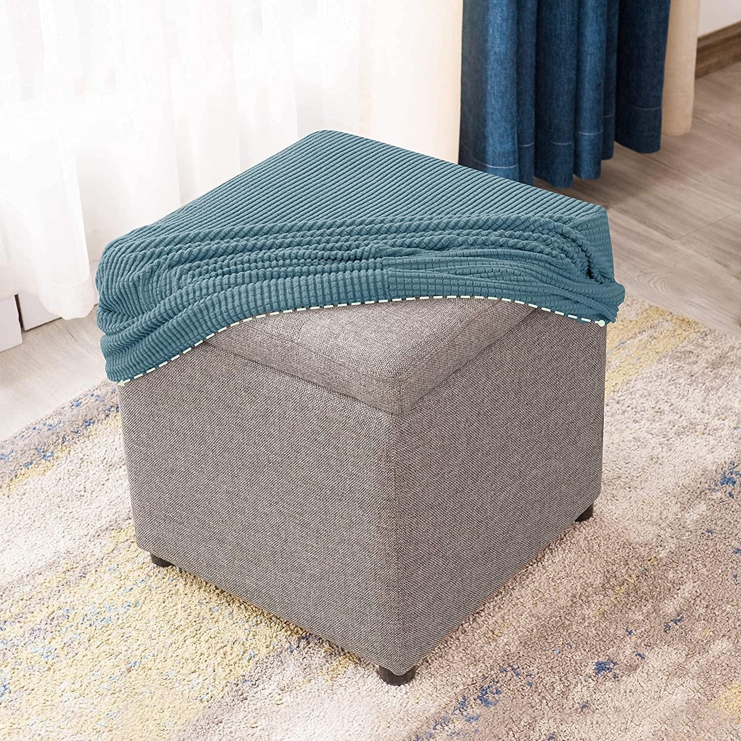 Uyeoco O Uyeoc Square Ttoman Slipcover Stool Covers Stretch Footstool Protector Covers With Elastic Bottom, Feature Textured Checked Fabric Machine Washable(,38X38cm)