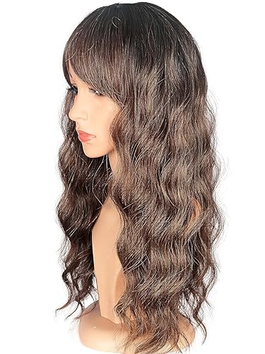 Miniatura 4 de Pelucas onduladas de color marrón degradado con flequillo, pelucas onduladas de color castaño medio largo para mujer, pelucas de repuesto de cabello