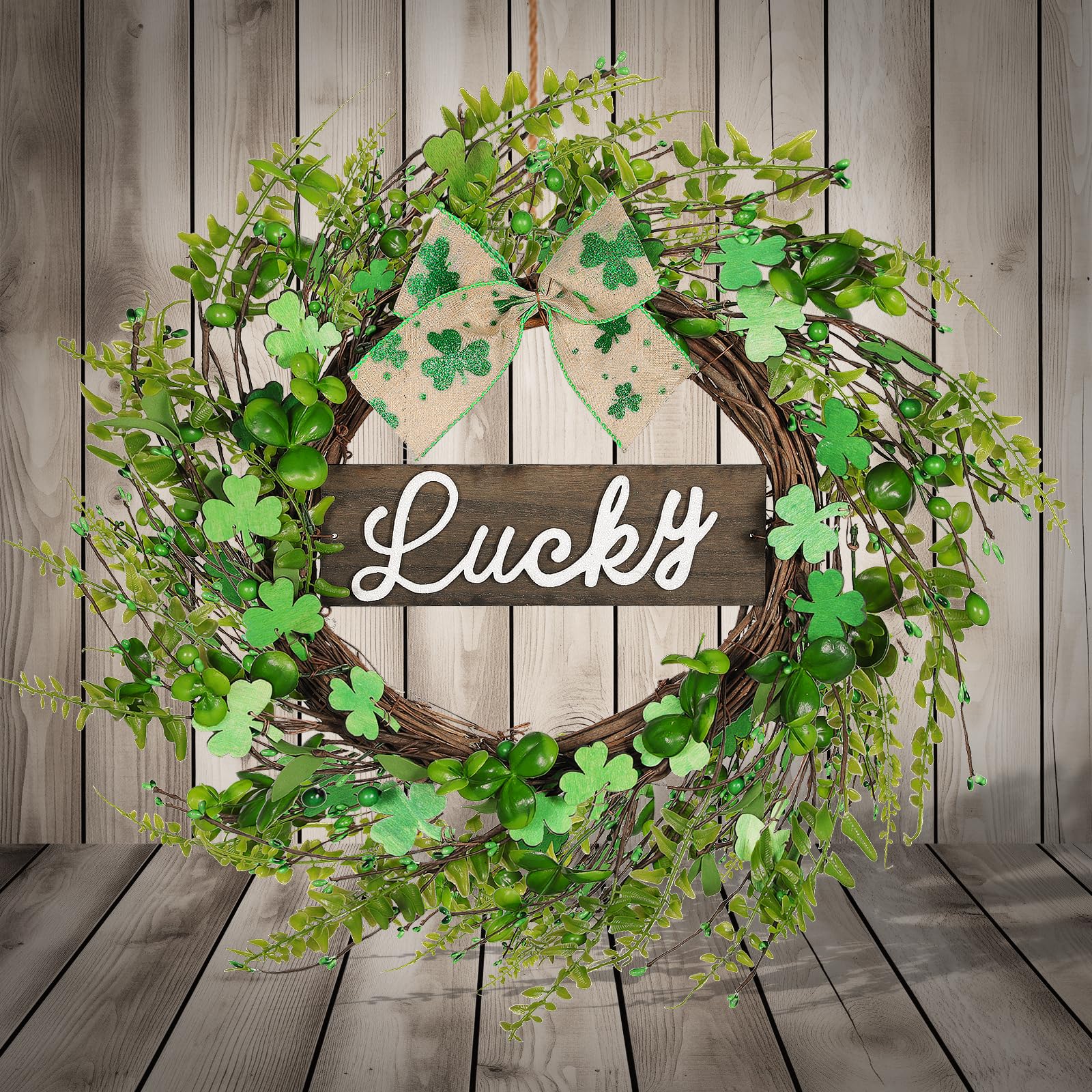 26'' St Patrick's Day Wreath with Bow - Lucky Sign Artificial Shamrock Wreath,St Patricks Day Door Decorations,Four Leaf Clover Irish Wreaths for Front Door Home Garden Party Decor