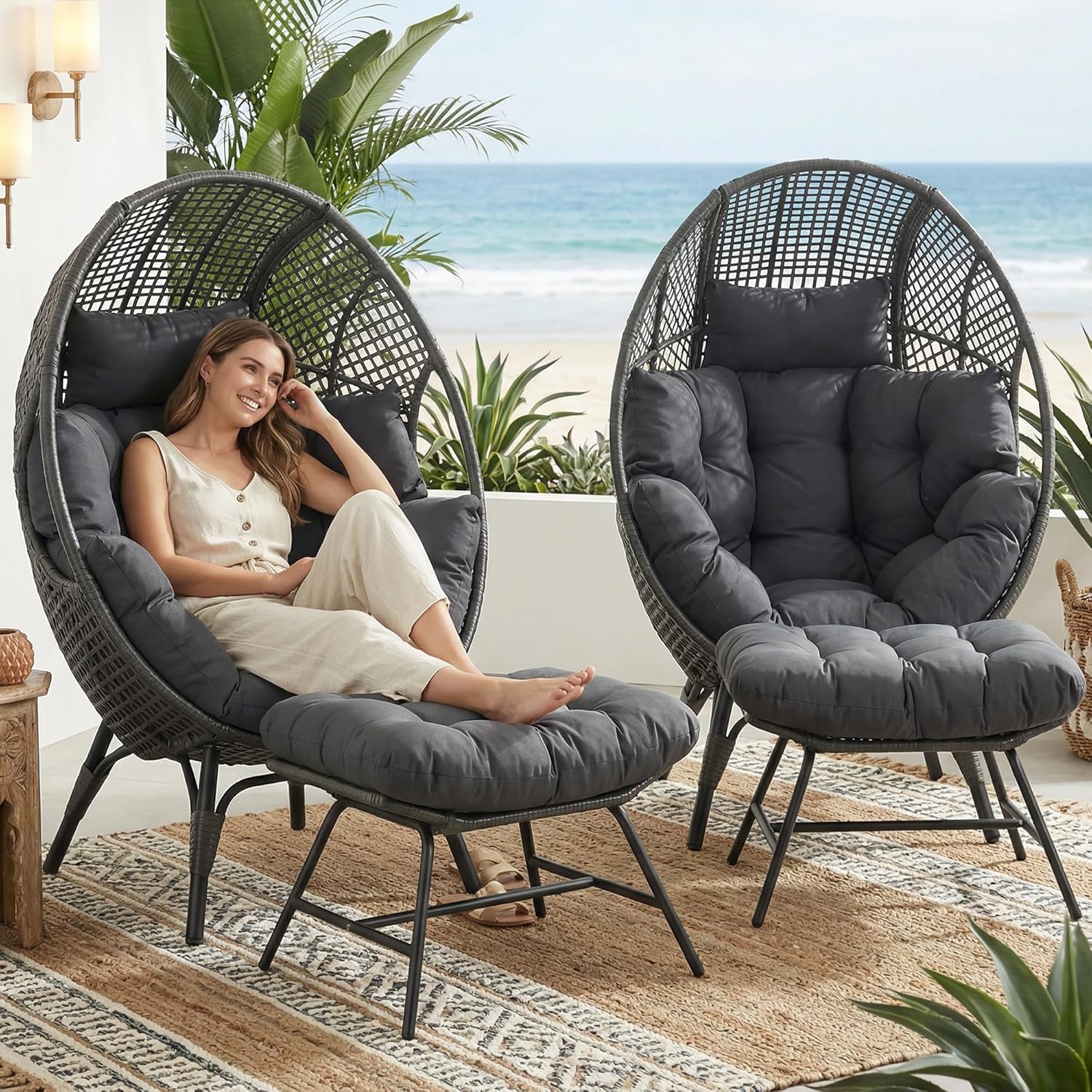 BULEXYARD Oversized Indoor Outdoor Egg Chair with Ottoman, Grey Wicker Patio Deep Egg Seat with Dark Grey Thick Cushion & Foot Rest, Large Stationary Lounge Chair for Balcony Bedroom, 4 Pcs