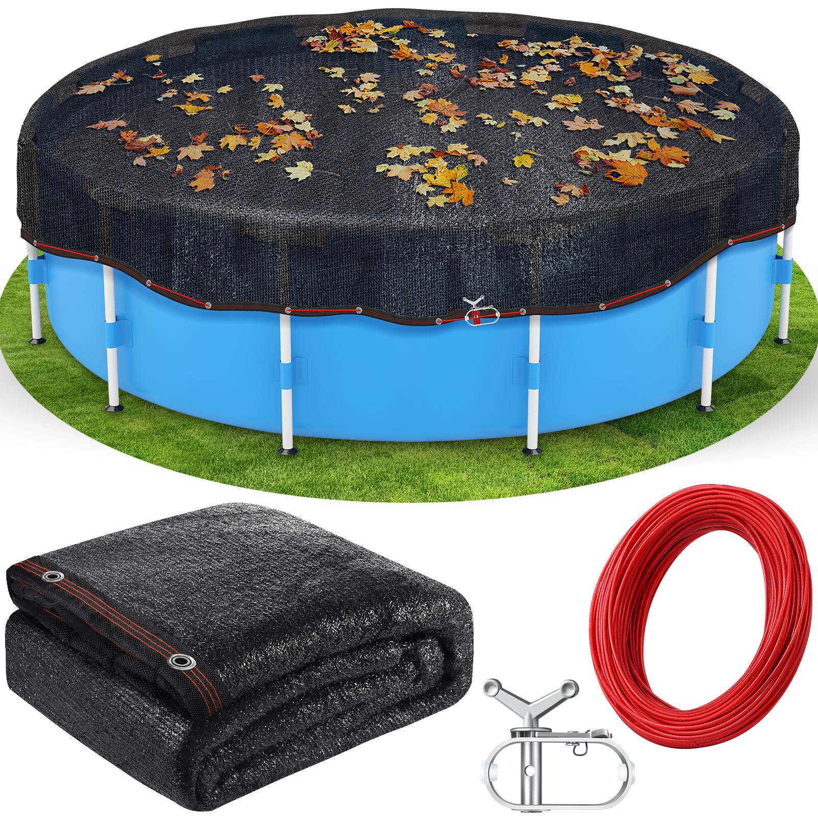 Bâche ronde de 7,6 m pour piscine hors sol, bâche de sécurité noire durable en maille avec treuil, câble avec treuil et câble pour feuilles et débris pour piscines rondes de 7,3 m