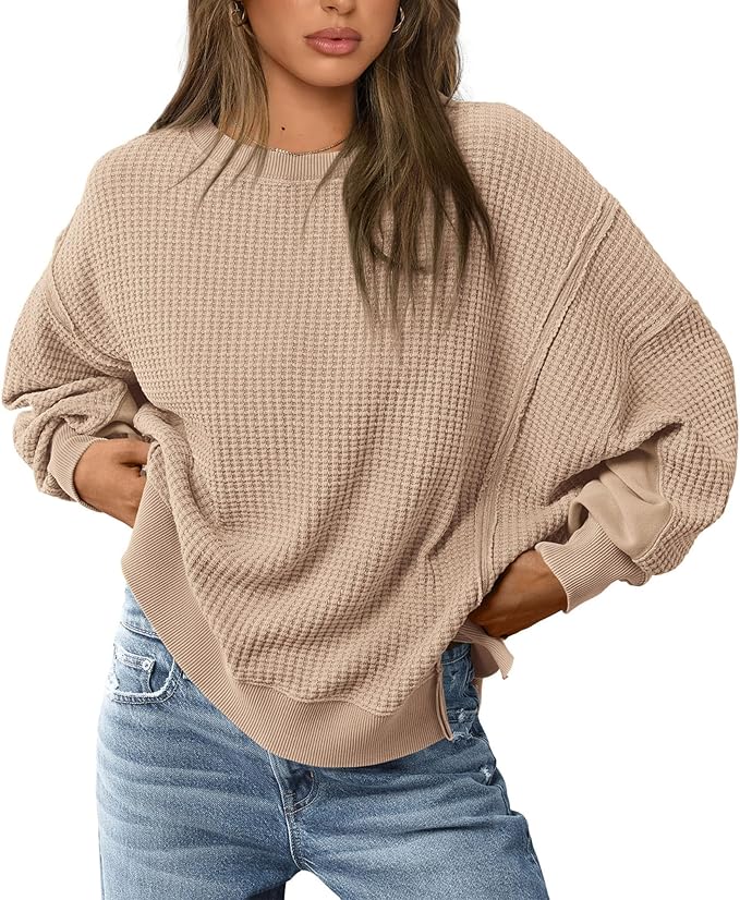 PRETTYGARDEN Oversized Sweatshirt for Women 2025 Fashion Crewneck Long Sleeve Pullover Waffle Knit Tops Fall Trendy Clothes