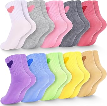 Ultrafun 10 Pairs Kids Girls Socks Cotton Crew Athletic Socks with Stripes Hearts Casual Dress Sock for Girls 3-12 Years Old