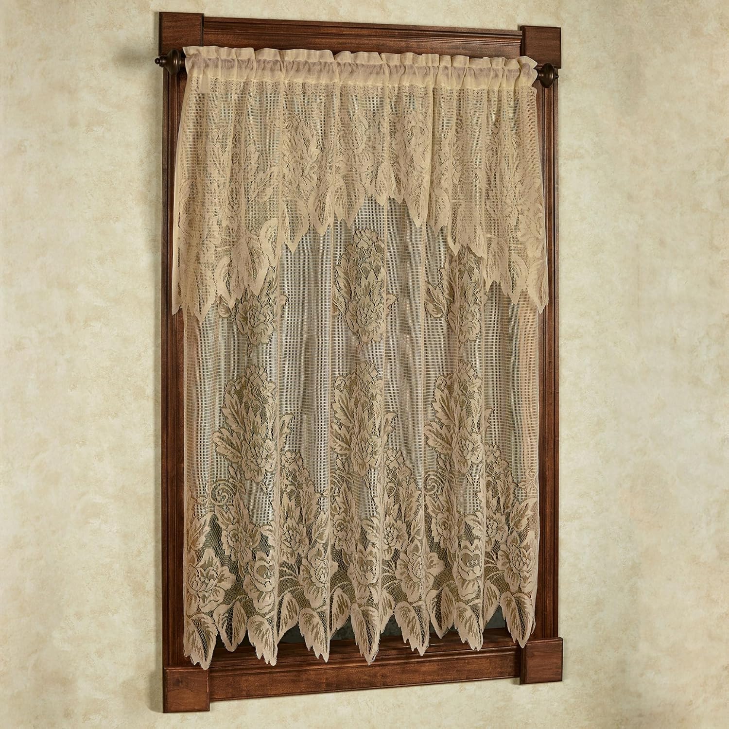 Hallie Lace Window Treatment | Vintage Antique Gold | Cottage Garden Magnolia Flower Lacy Designs with Scalloped Edges | Rod Pocket Drapery | Easy-Style 63L All-In-One Panel with Attached 24L Valance