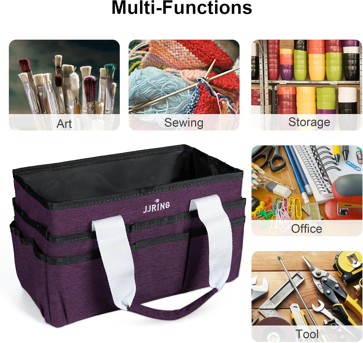 JJRING Craft Organizer Tote Bag, Art Storage Caddy with Multiple Pockets, Deep Purple Sewing Bag for Art, Craft, Scrapbooking, Medical, and Office Supplies Storage