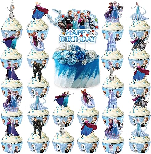 49 piezas de suministros de fiesta de Frozen, decoración de cupcakes y envoltura de cupcakes, recuerdos de fiesta temática de Frozen para fiestas de