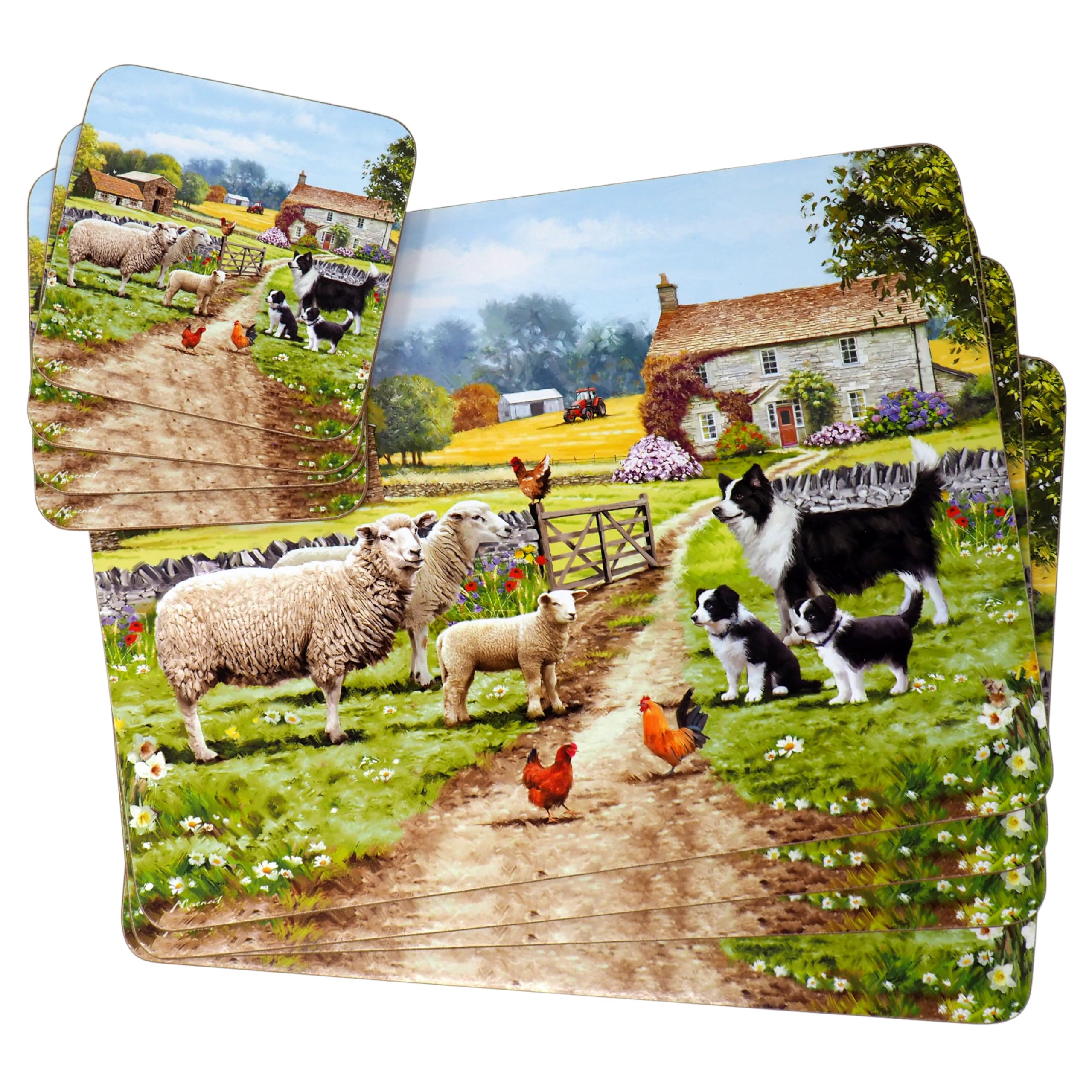 LP Set Of 4 Farm Collie Dog & Sheep Design Dinner Place Mats And Coasters