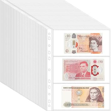 Uncle Paul 50 Sheets Double-Sided Design Currency Pages - 200 Pockets 11-Holes Currency Sleeves for Paper Money Collecting Holder Album for Bill Banknote Coupon Collection IN03050