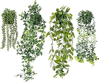 Artificial Hanging Plants for Shelf, 4 Pack Fake Potted Greenery Faux Eucalyptus Vine, Mandala Vine, String of Pearls,Pea pod Leaves in Pot for Office Living Room Bathroom Indoor Outdoor Décor