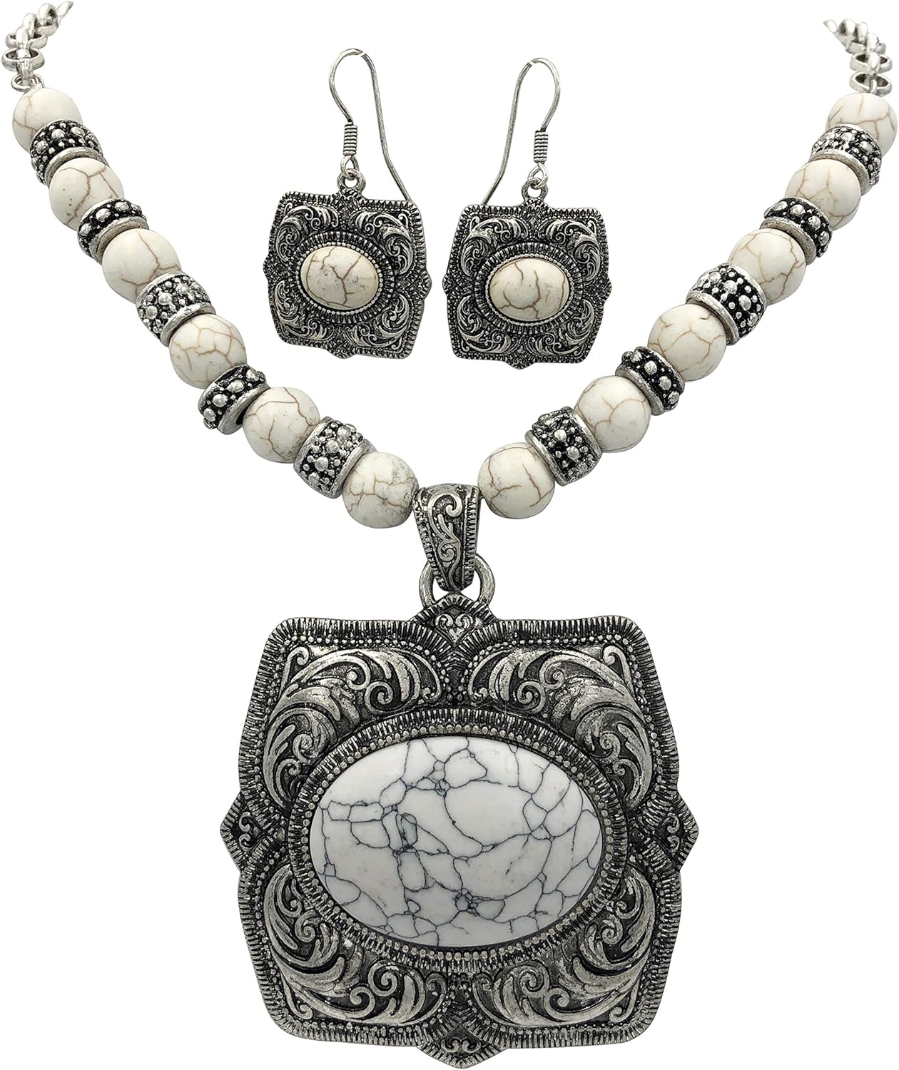 Gypsy Jewels Abstract Flower Medallion Cocho Western Style Beaded Statement Silver Tone Chain Necklace & Dangle Earrings Set