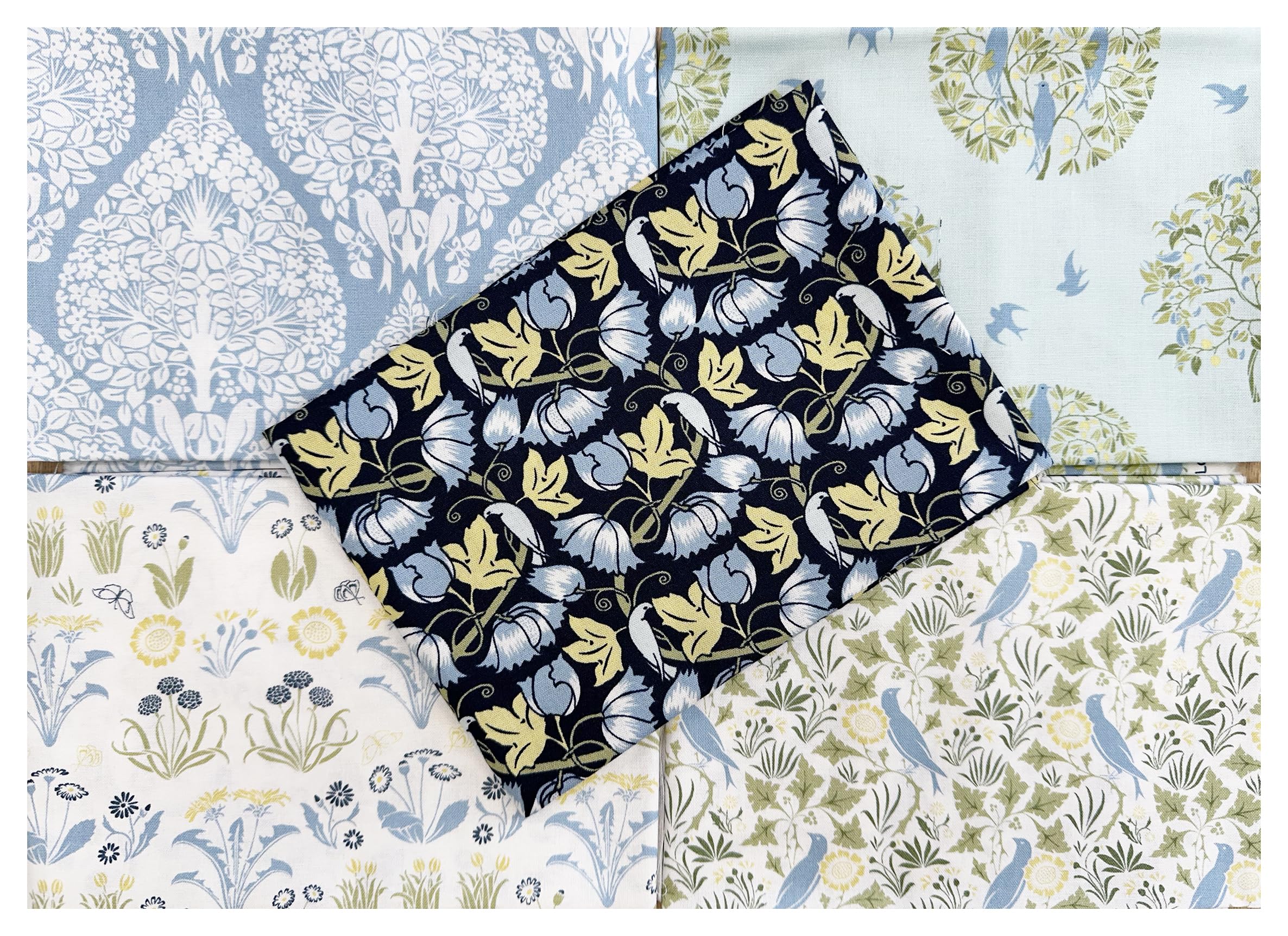 Glamour Secrets Blue Fat Quarter Fabric Bundle - Bird & Floral Print Cotton Craft Quilting Bunting Fabric Material