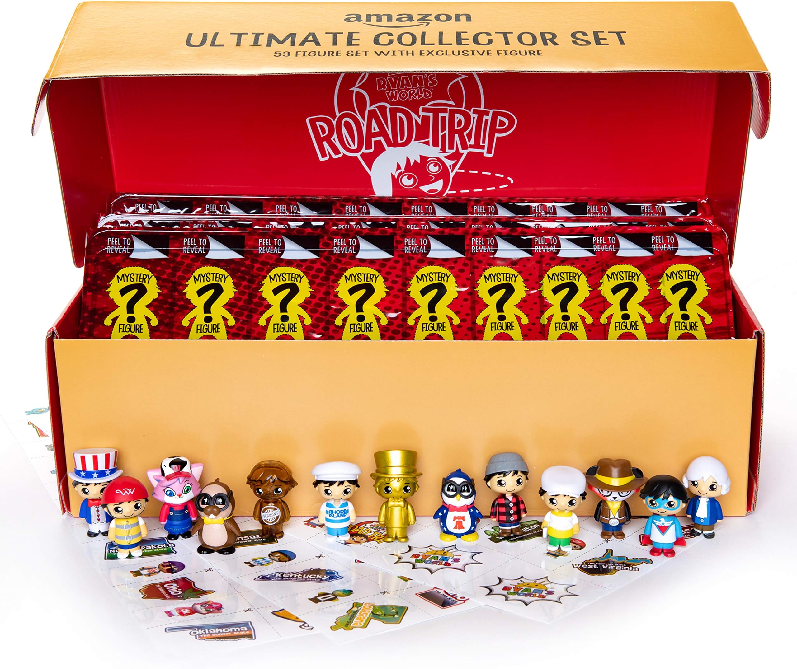 Ryan’s World Road Trip 53 pc Complete Figure Set + Bonus Figure, Mystery Figures For All 50 States, Ultra-Rare Figures, Surprise Exclusive Micro Figure, State Stickers, USA Map, [Amazon Exclusive]
