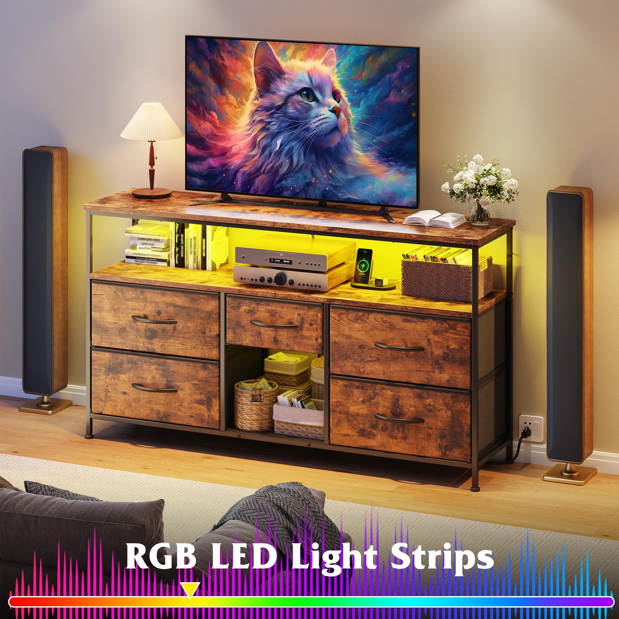 TV Stand Dresser with LED Lights & Power Outlets, Entertainment Center for 50