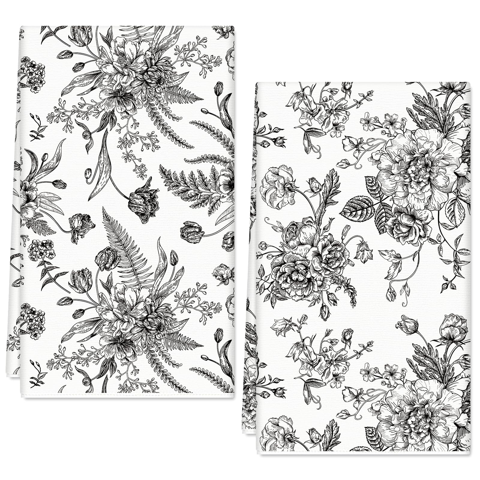 JarThenaAMCS 2Pcs Floral Kitchen Towel White Black Wildflower Dish Towels 18 x 28 Inch Hand Drying Tea Towel for Cooking Baking Cleaning