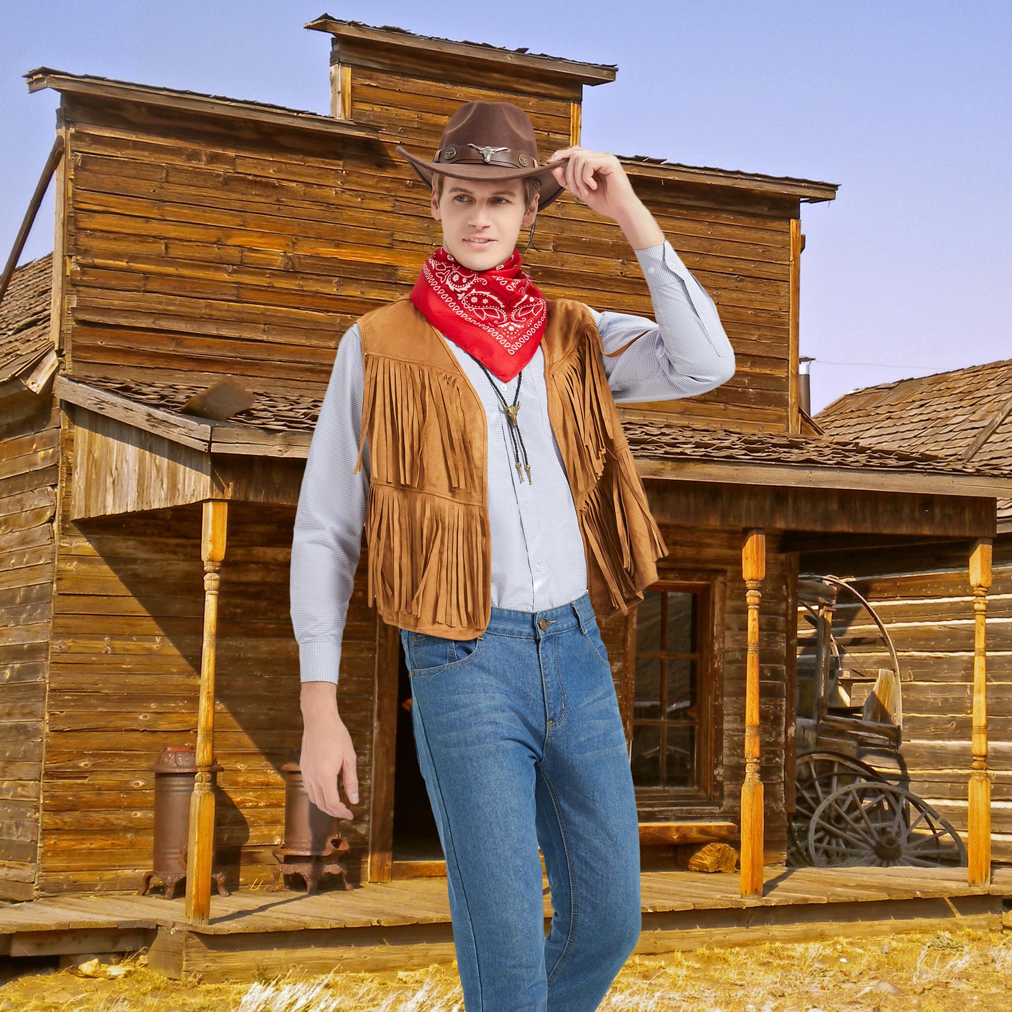Disfraz de Vaquero para Hombres Cosplay Cowboy Chaleco con Flecos Sombrero Pañuelo Collar para el Carnaval Disfraces Hippie para Adultos