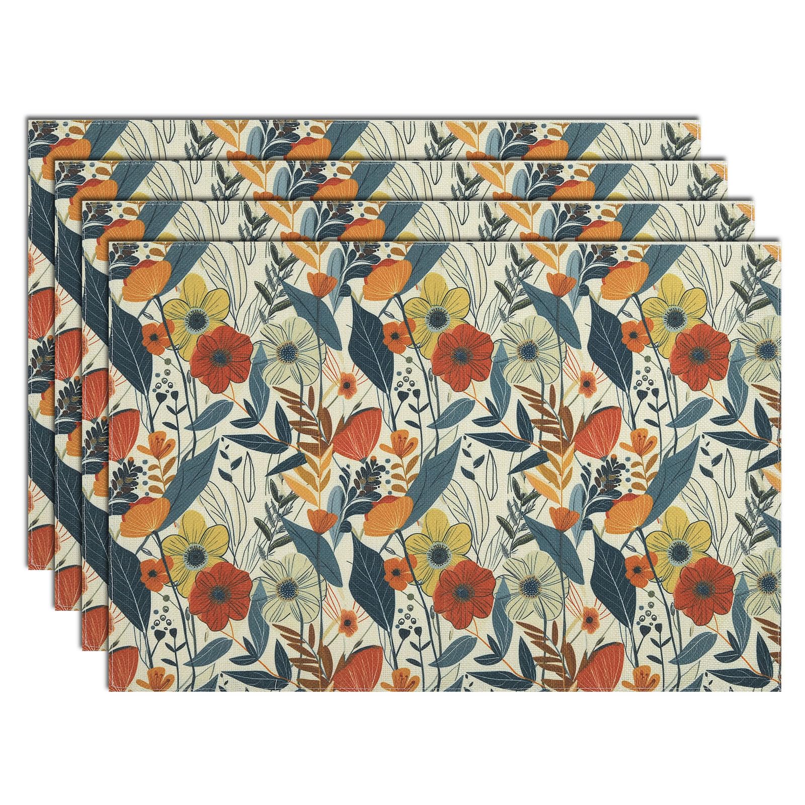 comfoyar Boho Colorful Flower Placemats Set of 4, 30x45cm Non-Slip Linen Watercolour Floral Place Mats, Washable Absorbent Rectangular Vintage Table Mats for Kitchen Dining Party Table Decoration
