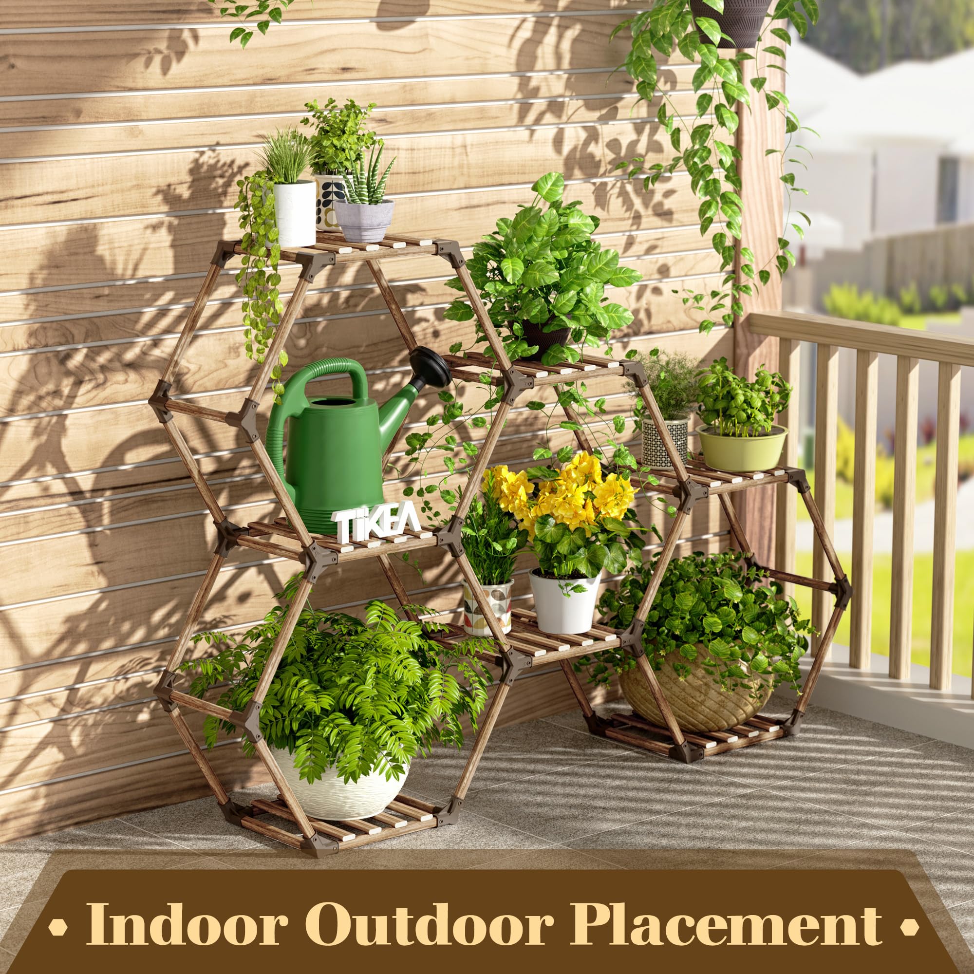 Tikea Support pour plantes d'intérieur et d'extérieur - 7 niveaux en bois - Pour plusieurs plantes d'extérieur, grande étagère hexagonale pour jardin, terrasse, salon