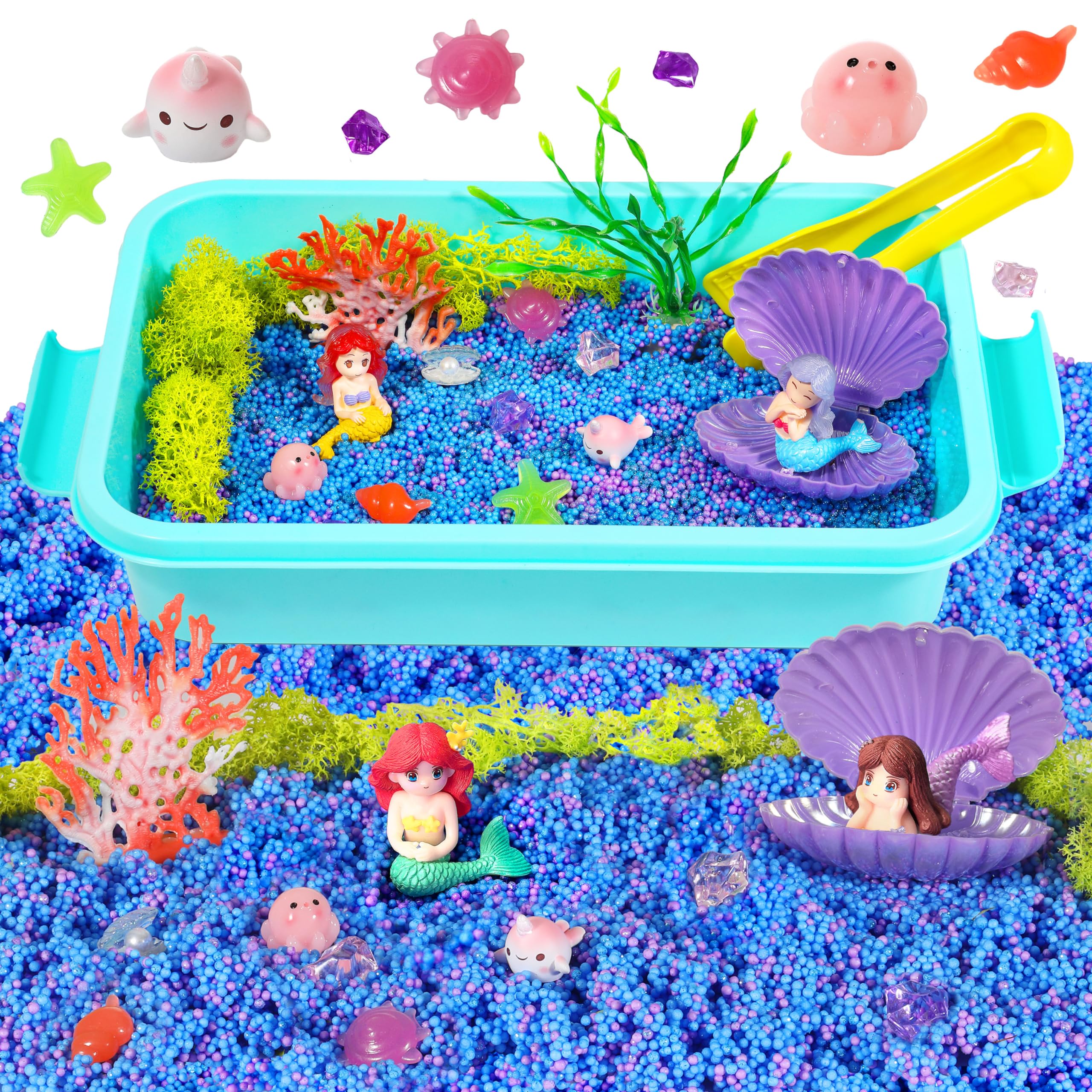 Carolart Mermaid Sensory Bin,Ocean Sensory Play Kit for Girls with Sensory Foam Beads and Storage bin, Ocean Sensory kit,Toddler Toys Ages 3 4 5 6 7 8