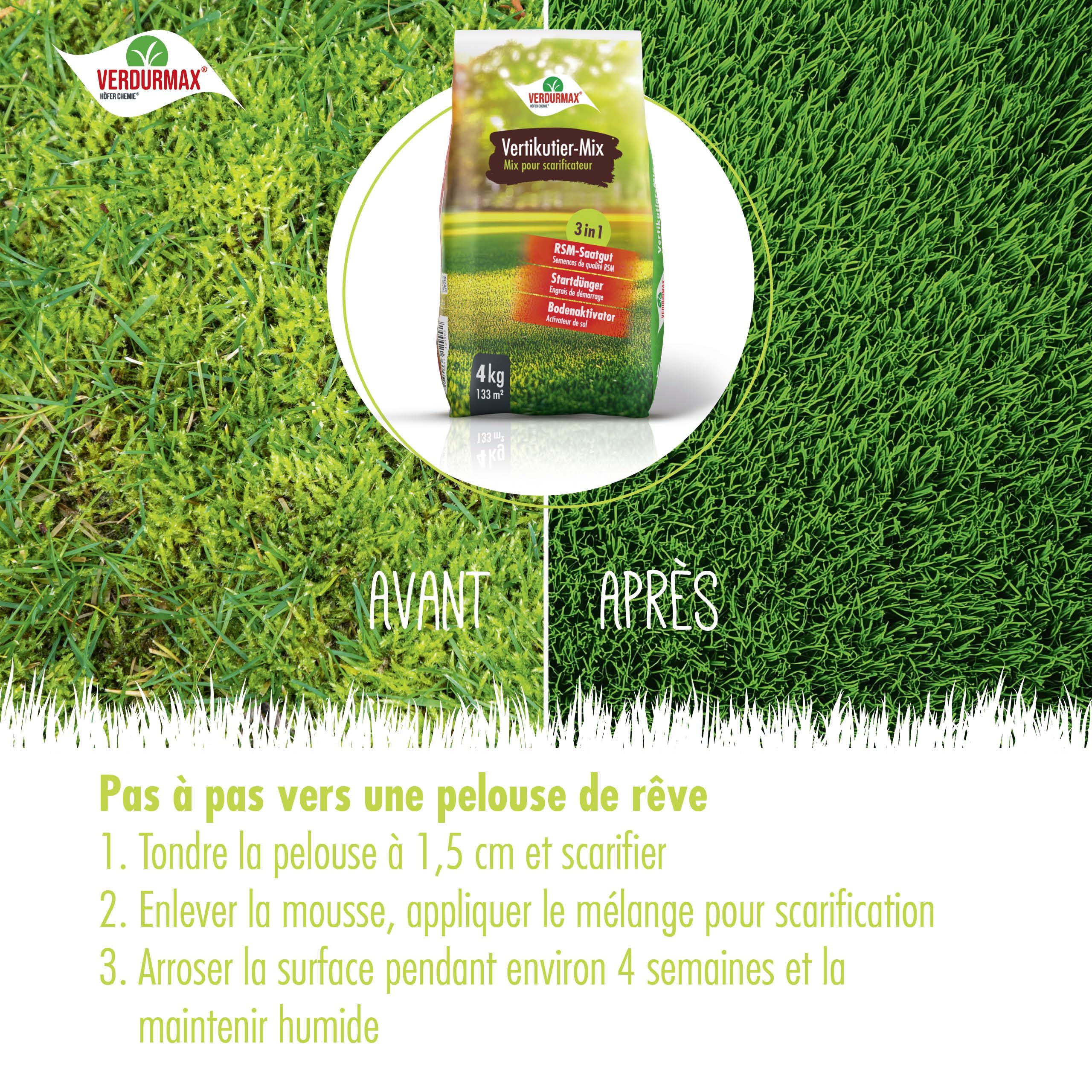 Verdurmax 1 x 4 kg Scarificateur -Mix 3 en 1 - Semences Engrais Activateur