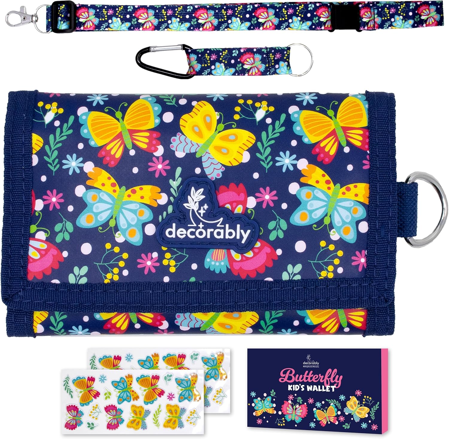Decorably Trifold Butterfly Girls Wallets for Kids 8-10 with Lanyards, Multi-Compartment Girls Wallet with Lanyard with Coin Pocket, Card Slots, Stickers