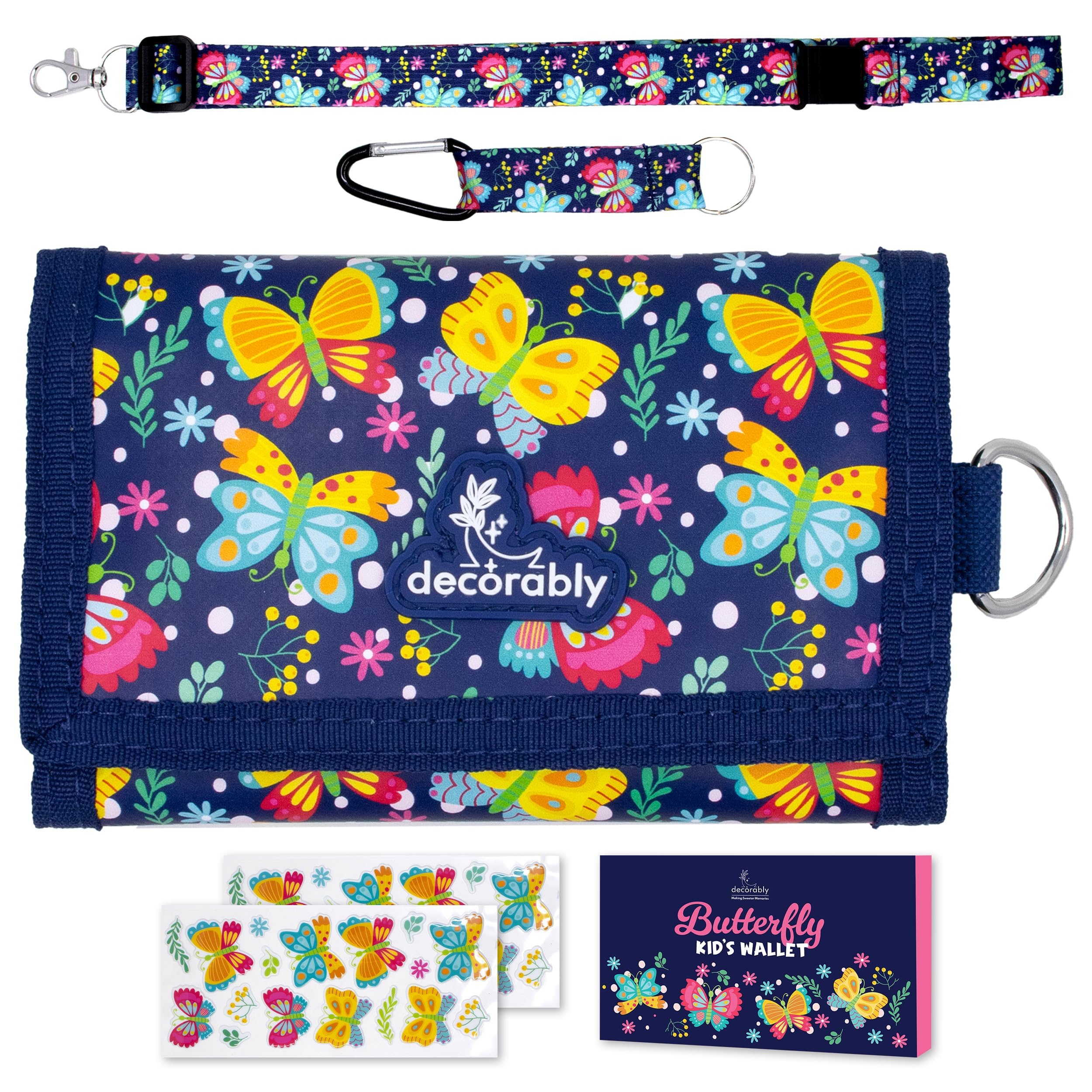 Decorably Trifold Butterfly Girls Wallets for Kids 8-10 with Lanyards, Multi-Compartment Girls Wallet with Lanyard, Coin Pocket, Card Slots, Stickers