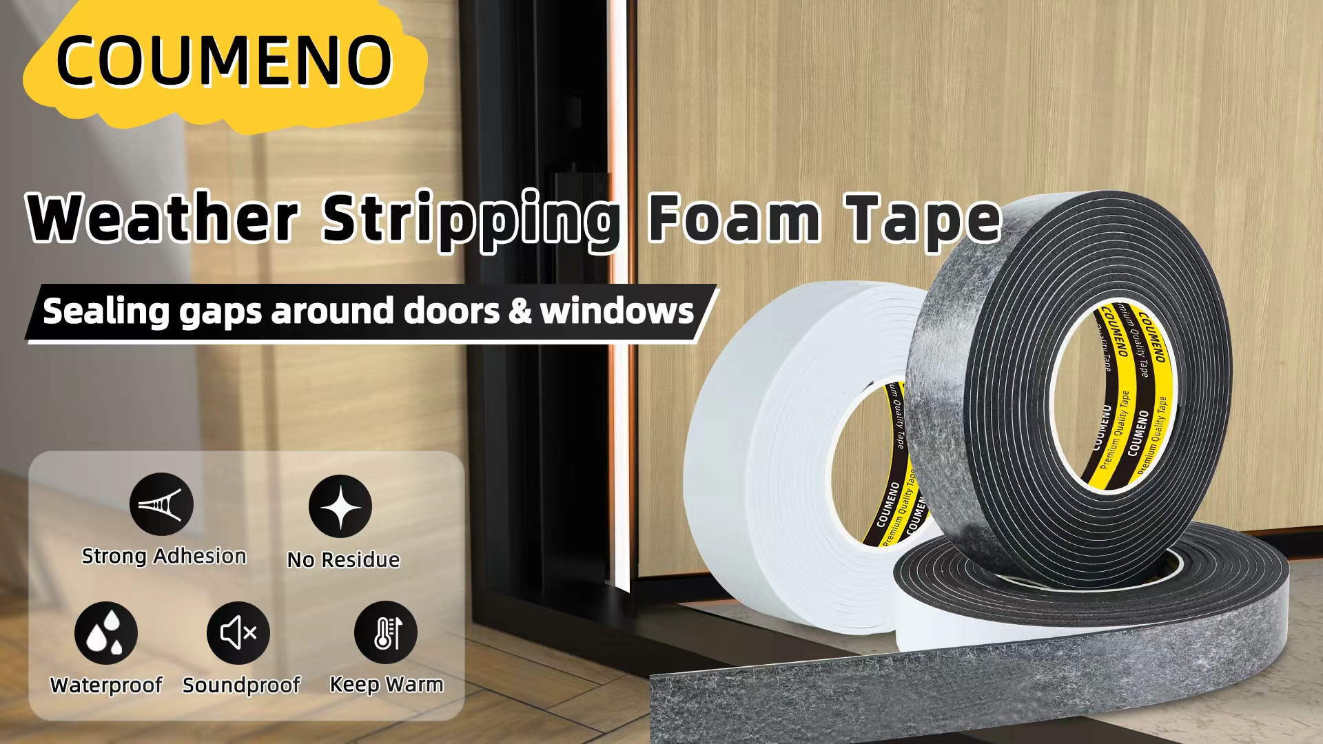 Image of Single Sided Strong Self-Adhesive Foam Tape Strips 1inX16.4FT, Black Weather Stripping for Door /Window Seal, Gap Insulation, DIY Homeowners Easy Install (0.12in Thickness)