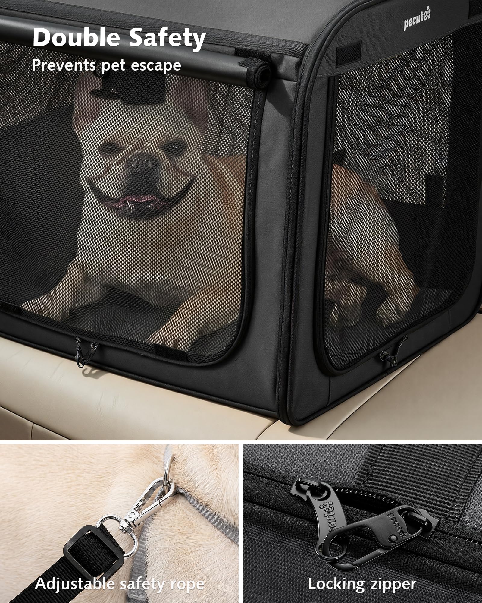 Pecute Transportin Gato Perro Plegable Jaula para Gatos Perros Casa de Gatos Perros con Cerradura y Correa de Seguridad Ajustable, Apto para Coches, Tiendas de Campaña para Mascotas, Gris Oscuro