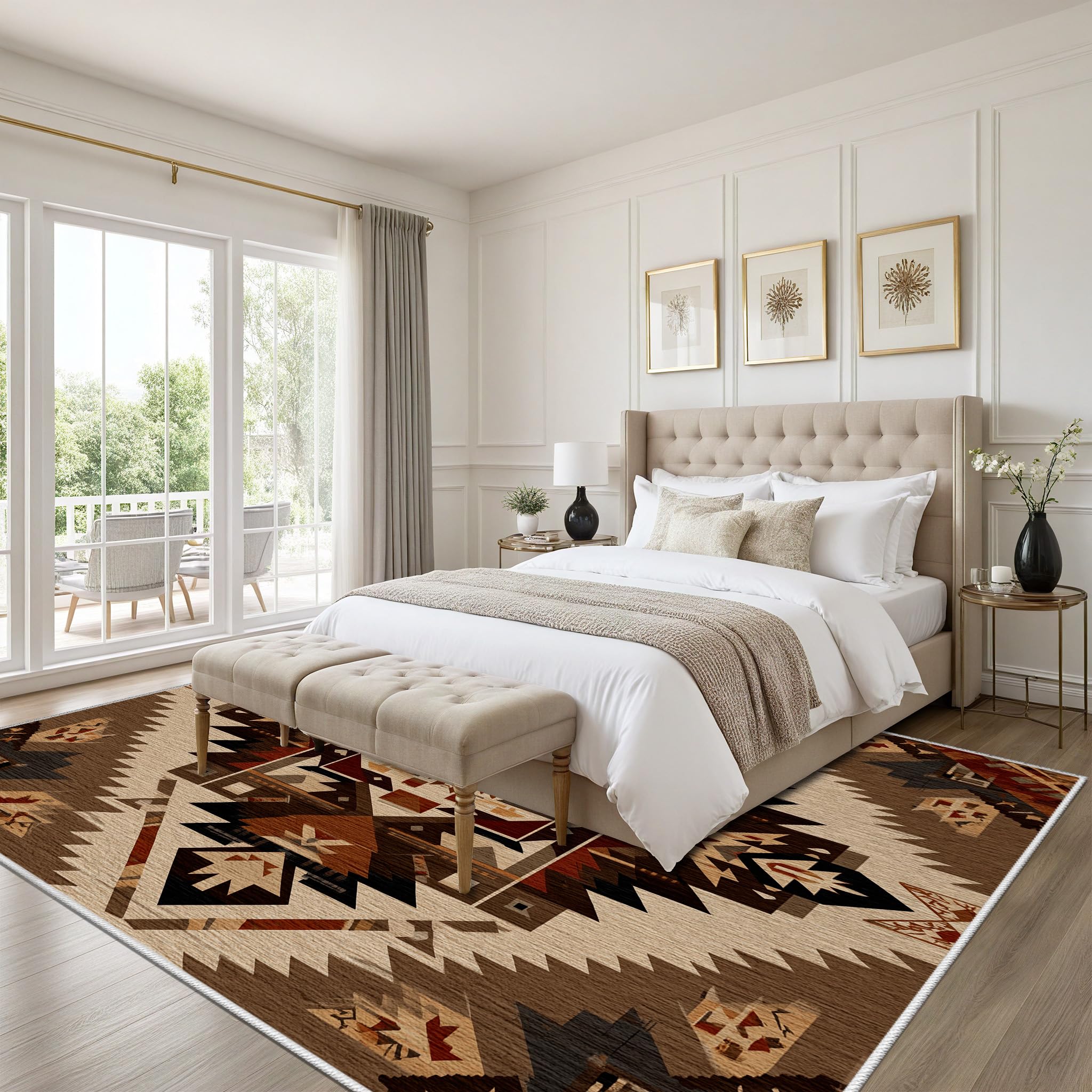Motif Géométrique Aztèque Abstrait Tapis de Salon 60x110cm Doux Carpet à Poils Courts Géométrique Vintage Rug de Chambre Adulte Lavable en Machine Tapis Antidérapant