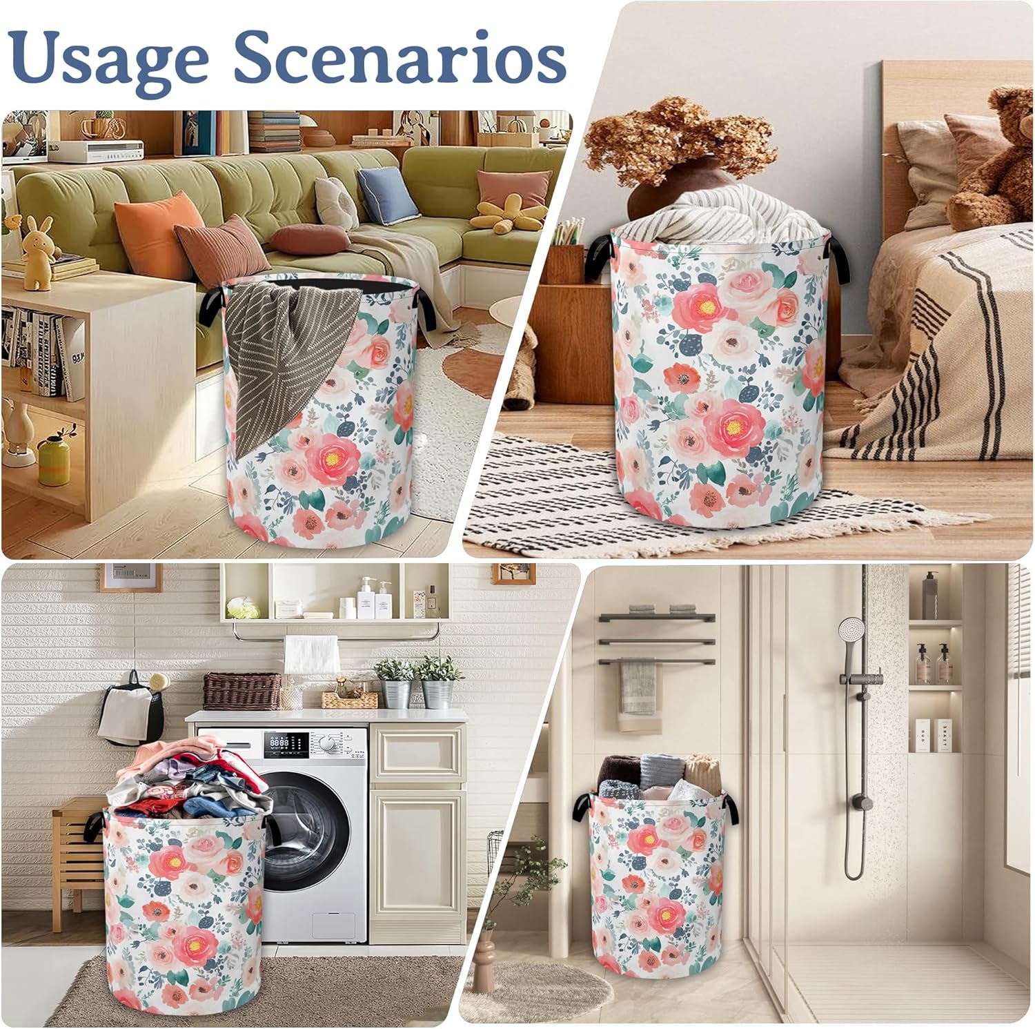 Pink Flowers Laundry Basket,Foldable Waterproof Oxford Cloth Tote Bag Cactus Laundry Hamper with Handles,20.8"x16" Clothes Storage Bucket Organizer for Laundry Room, Bathroom, Bedroom