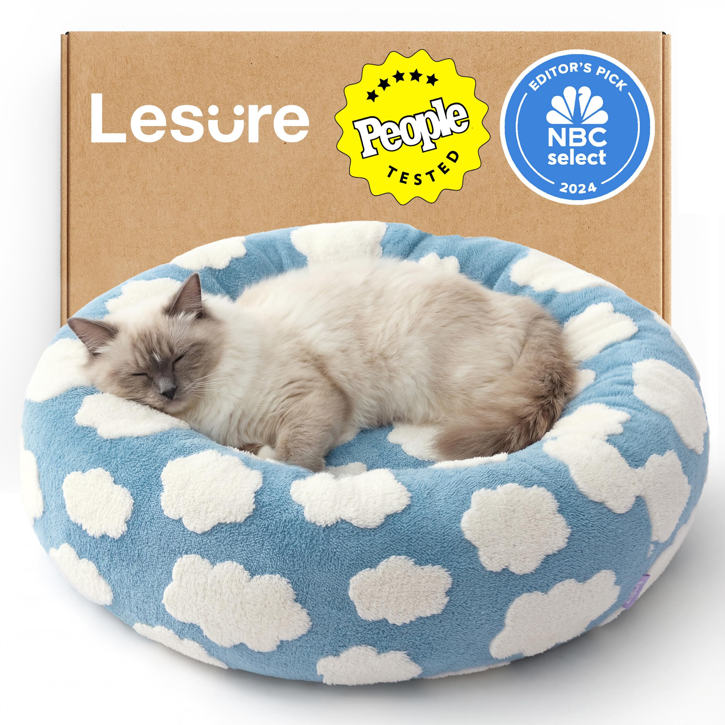 Lesure Shown on TV Donut Cat Beds for Indoor Cats - Small Round Dog Bed for Calming Pets as Gift with Washable Cover, Cute Modern Puppy Bed with Jacquard Shaggy Plush & Anti Slip Bottom, 20 Inch, Blue