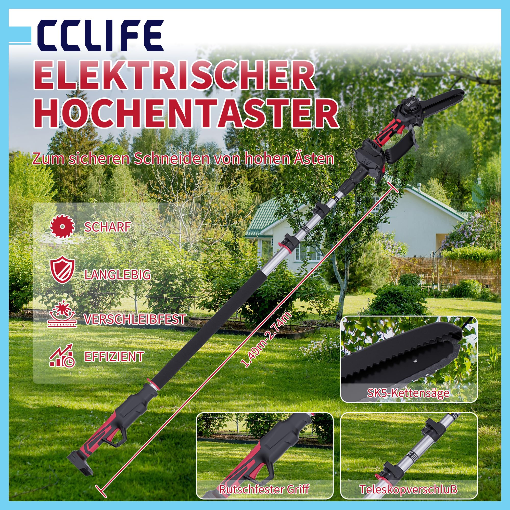 CCLIFE Mini piła łańcuchowa 2 w 1, z drążkiem teleskopowym 2 m, kompatybilna z Makita 18 V/20 V (bez akumulatora)