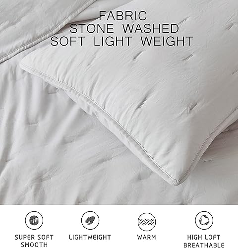 Miniatura 9 de Chezmoi Collection Marie - Juego de edredón bordado de línea de 3 piezas, juego de edredón ligero de microfibra lavada suave (King, gris claro)