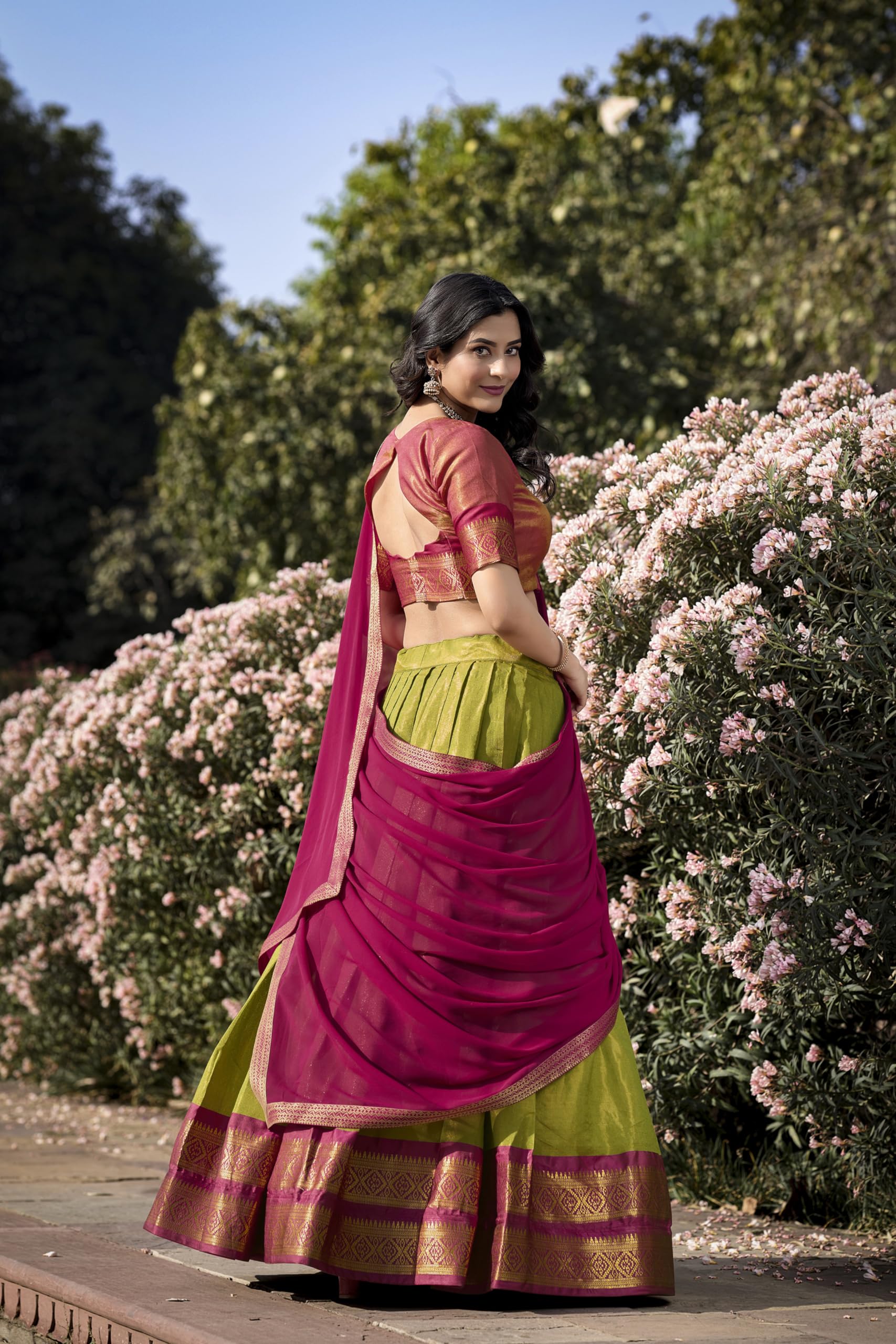 LooknBook Art Kanchipuram Women's Lehenga Choli (LNB2001_Pista_Free Size) - Image 2 thumbnail