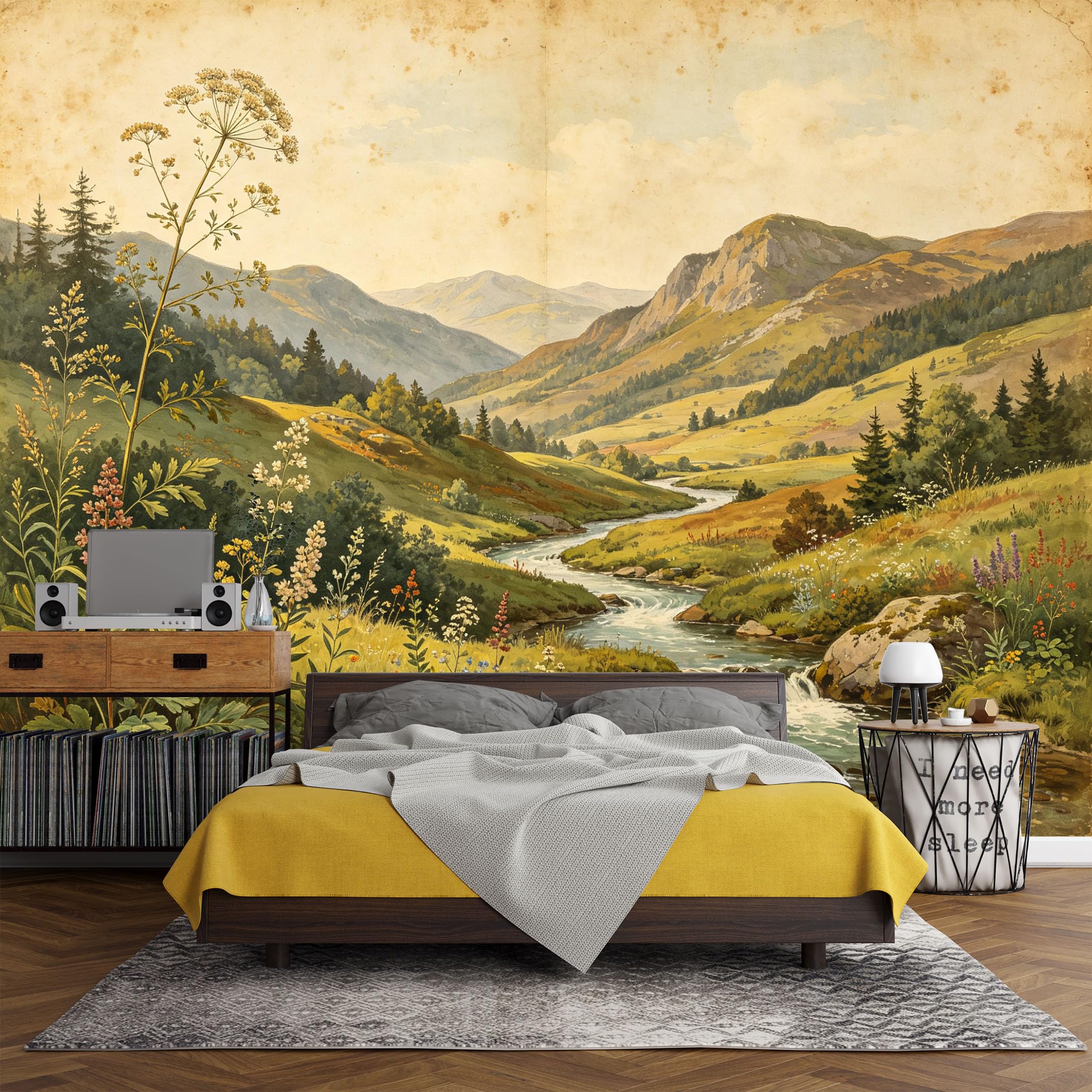 Custom Size Wall Mural， Mountain Landscape River Valley Wildflowers Watercolor Nature Scenery，SelfAdhesive Art Prints wall Fabric (No PVC) Removable Wallpaper Living Room Decor