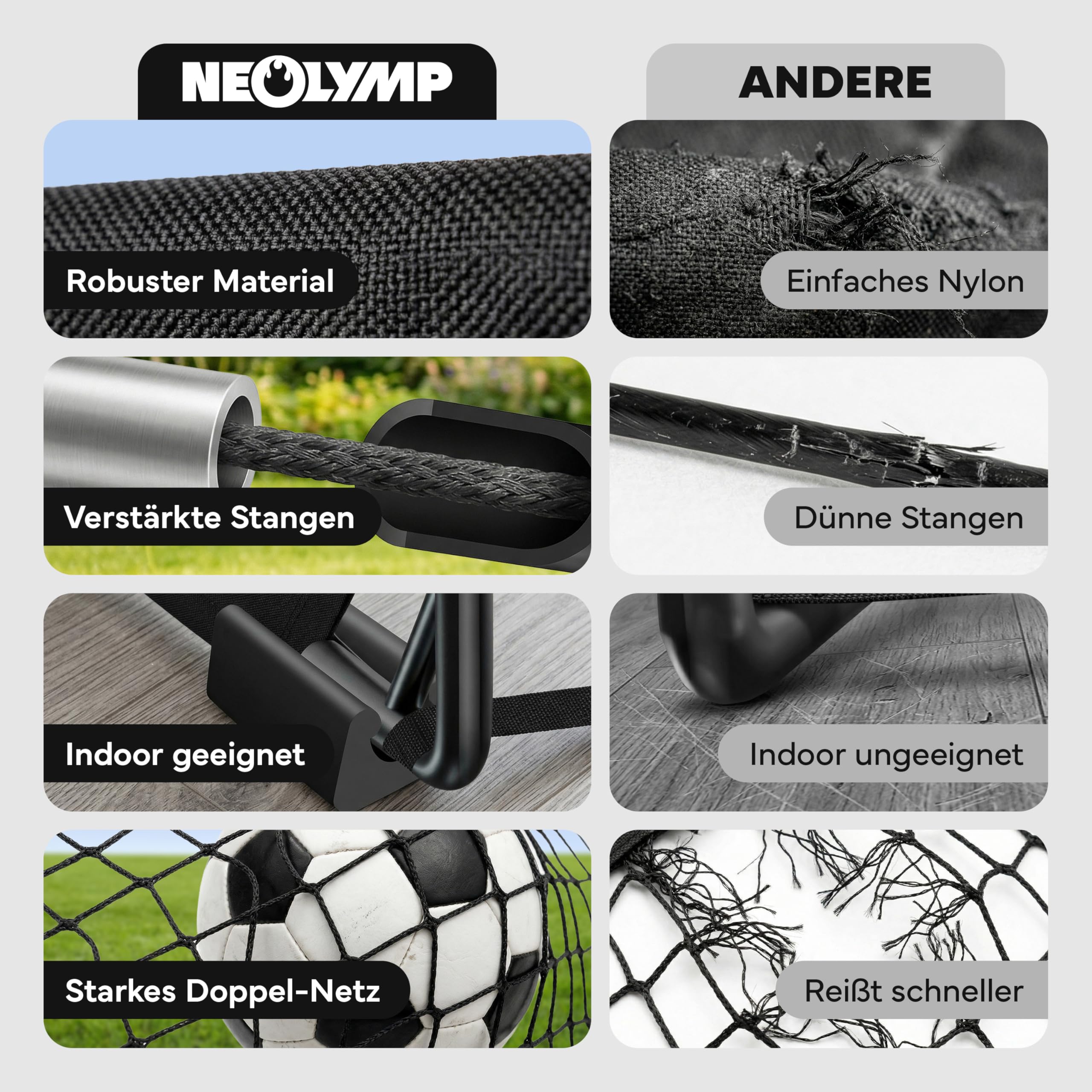 NEOLYMP Fußballtor Kinder Set – Faltbare Tore für Garten & Outdoor – Robuste 9 mm Fiberglas-Stangen – Mit Hütchen, Karabinern, Indoor-Füße & Tragetasche – Fußball-Training - Fußball Trainingszubehör