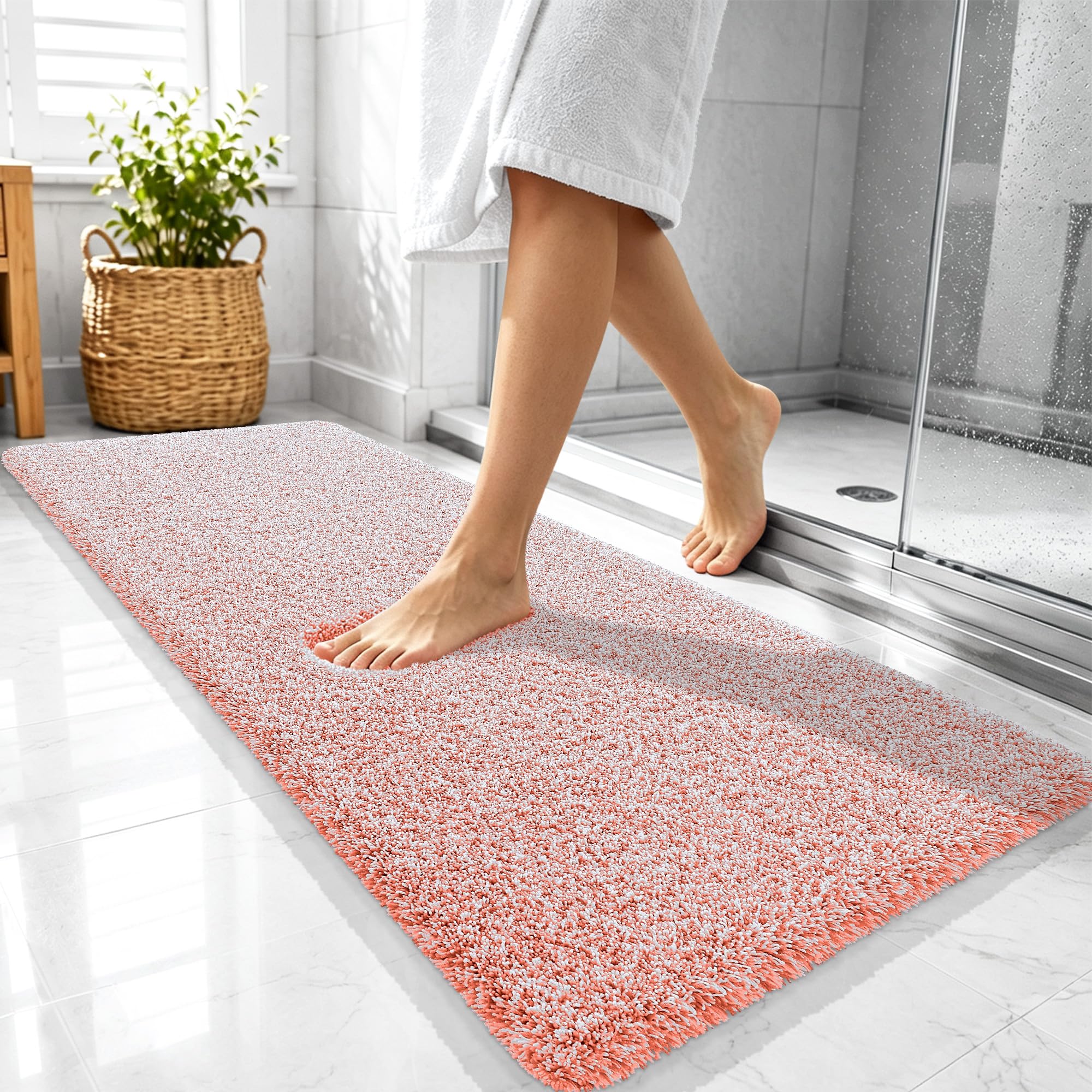 OLANLY Microfiber Bathroom Rugs 47x20, Quick Dry Bath Mat, Coral and White