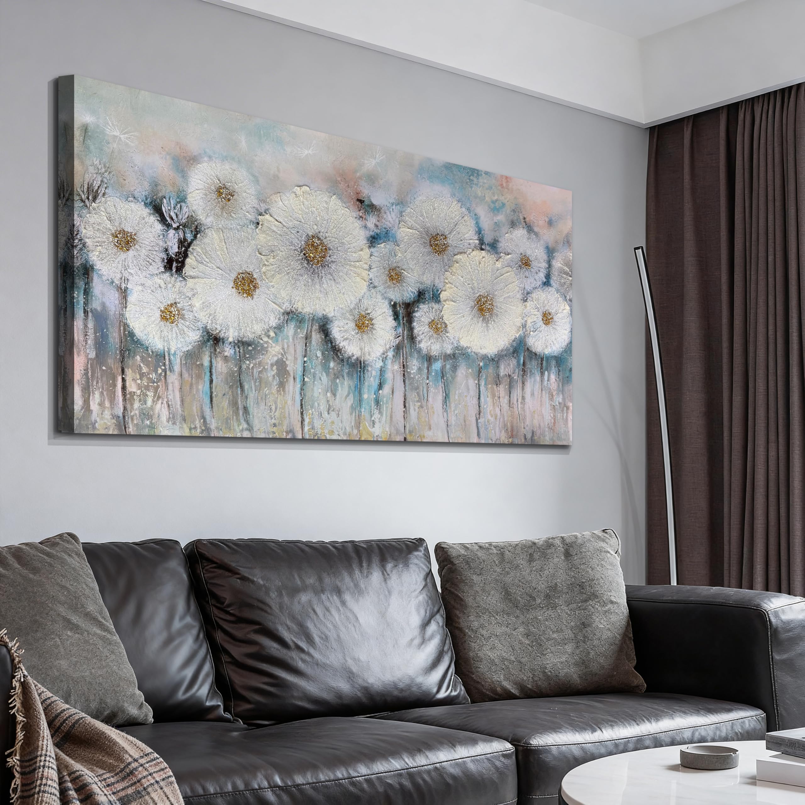 Photo 1 of Acocifi Floral Canvas Wall Art for Living Room Dandelion Picture Large Flower Bedroom Painting 60% Handmade Textured, Grey Vintage Artwork Framed for Dining Room Office Home Decor 48"x24"