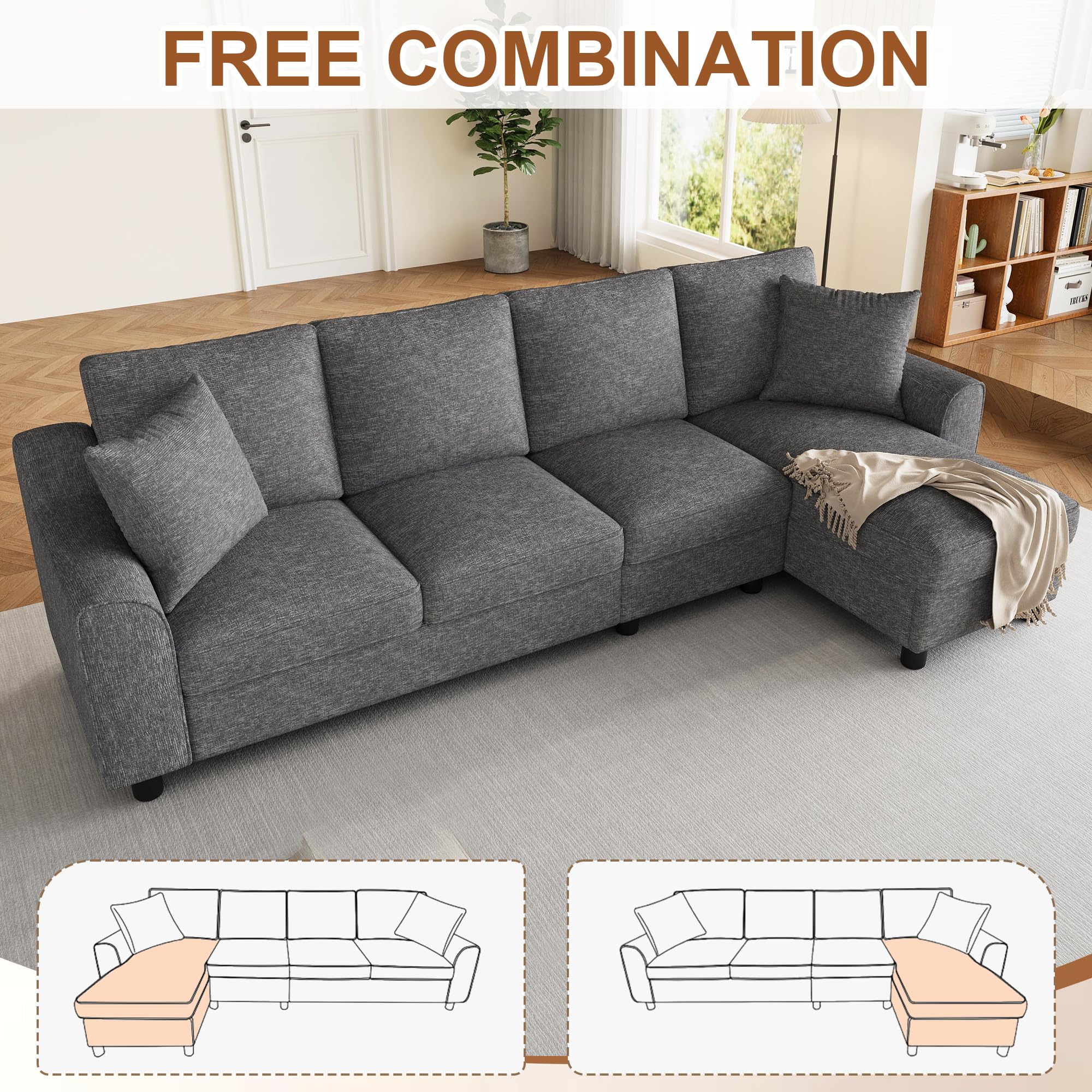 Moimhear Moderno sofá de chenilla L, 3 plazas + chaise longue con almacenamiento, respaldo plegable con soporte para bebidas, 280 x 136 x 82 cm (gris)