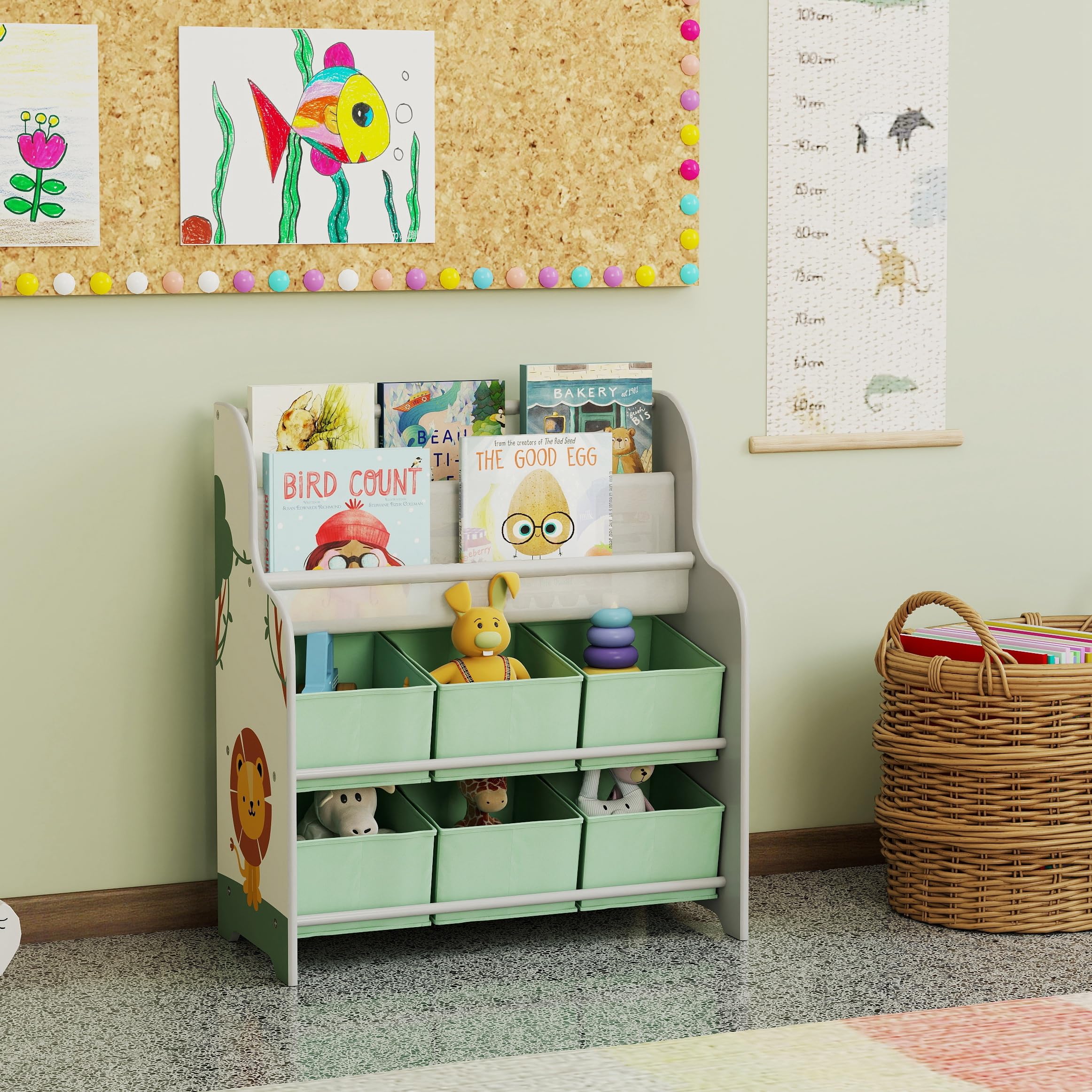 AIYAPLAY Meuble Rangement Enfant, Rangement Jouet Enfant, 6 tiroirs en Tissu et étagère à Deux Niveaux, bibliothèque pour Chambre ou Salle de Jeux, 63x30x71cm, Vert