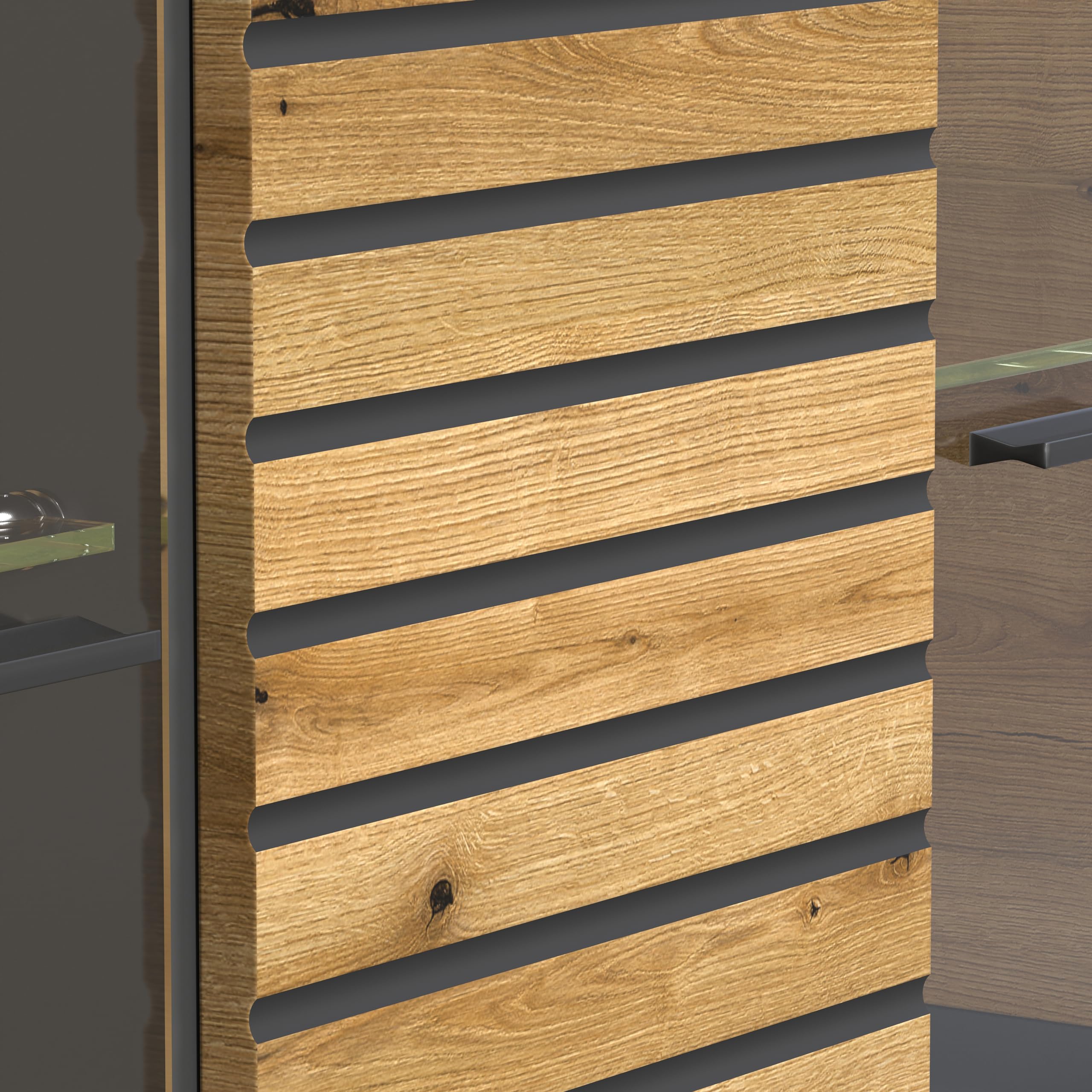 trendteam smart living - Norris - Vitrine - Anthrazit/Evoke Eiche - Highboard mit 15 Fächern - (BxHxT) 131 x 147 x 38 cm - Soft-Close-Türen und Vollauszug-Schubladen - kratzfest