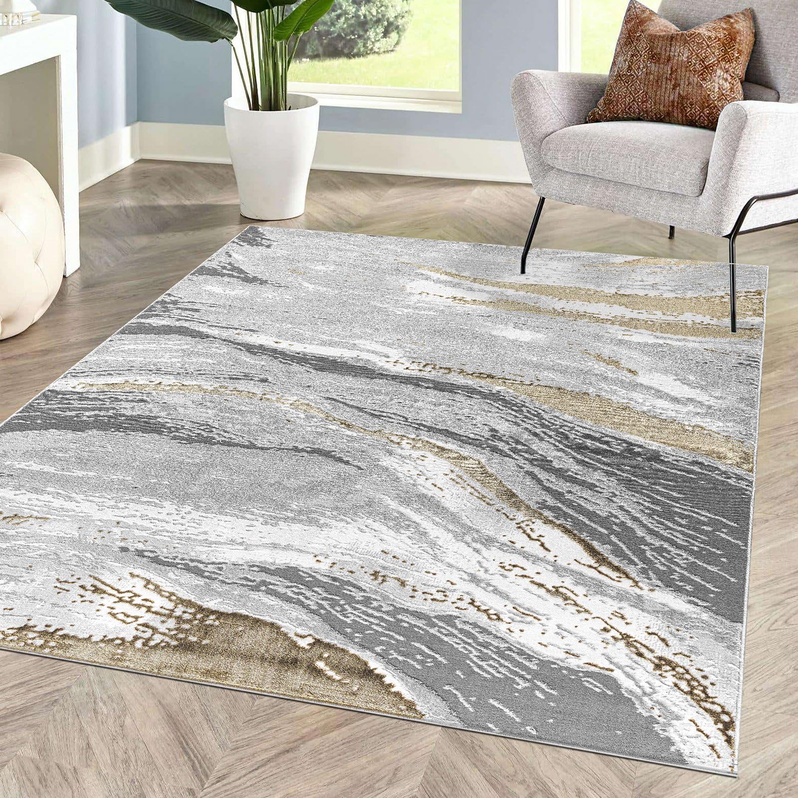 renoazul® Jute Back Area Rugs For Living Room - Jeze Abstract Ochre Rug - 120 x 170 cm - Washable Hearth Rugs For Fireplaces, Lounge and Dining Room