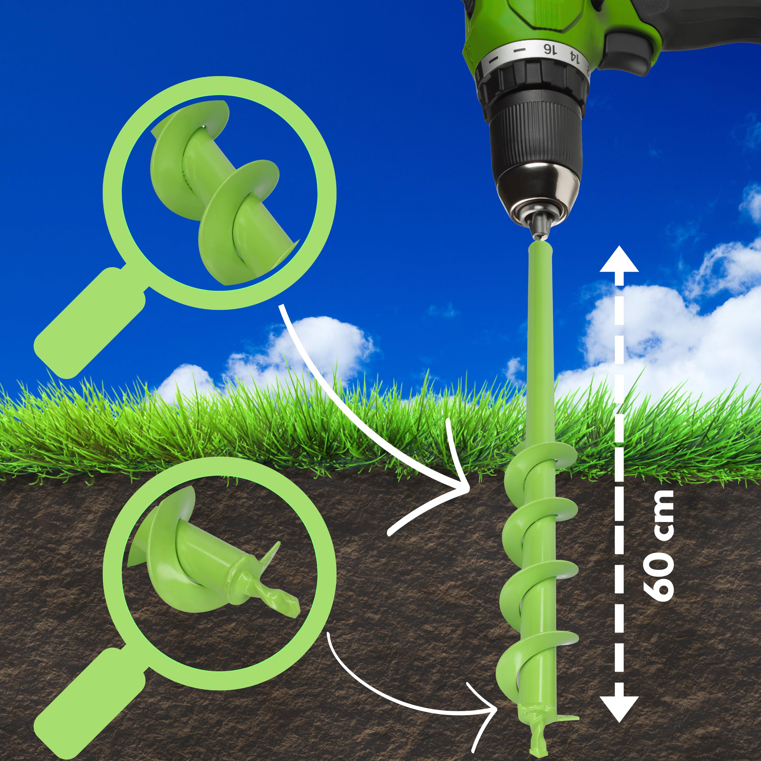 WERHE Barrena de tierra para taladro 60 mm Ø, 600 mm de largo - Barrena de jardín para atornillador inalámbrico para plantar, florecer y cavar hoyos - Herramienta de excavación para jardín