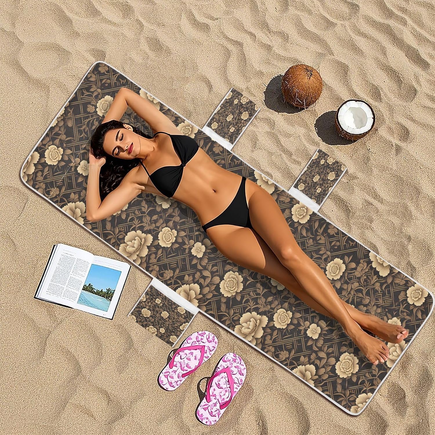 Vintage Gold Floral Black Patio Chaise Lounge Chair Cover Soft Sturdy Polyester Pool Chair Cover with Pockets for Outdoor Sunbathing Trips, 85" X 30"