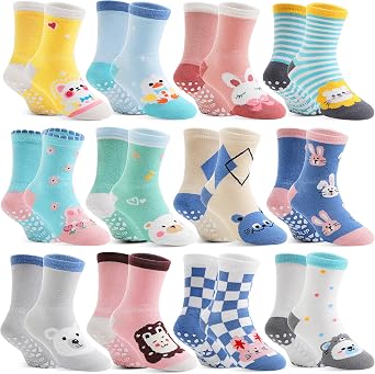 12 Pairs Baby Boys Girls Toddlers Grips Socks Kids Non Skid Anti Slip Cotton Crew Socks