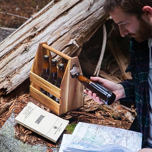 Miniatura 2 de Foster & Rye Acacia Wood 6-Pack Portabebés - Portabidón para botellas, soporte para bebidas, organizador de botellas de licor