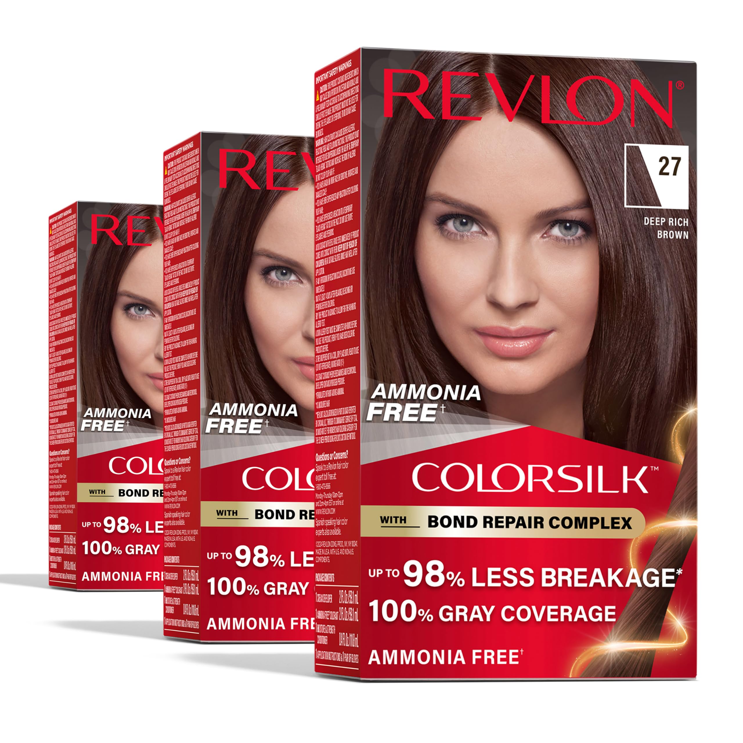 Revlon ColorSilk with Bond Repair Complex, Brown Permanent Hair Color, 100% Gray Coverage, Ammonia Free Hair Dye, Vegan Keratin, 27 Deep Rich Brown (Pack of 3)