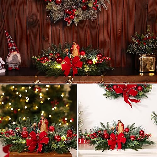 Miniatura 4 de Centro de mesa de Navidad con luces LED, decoración navideña con aguja de pino rojo de Jesús, bayas rojas, bolas para fiestas de vacaciones, hogar
